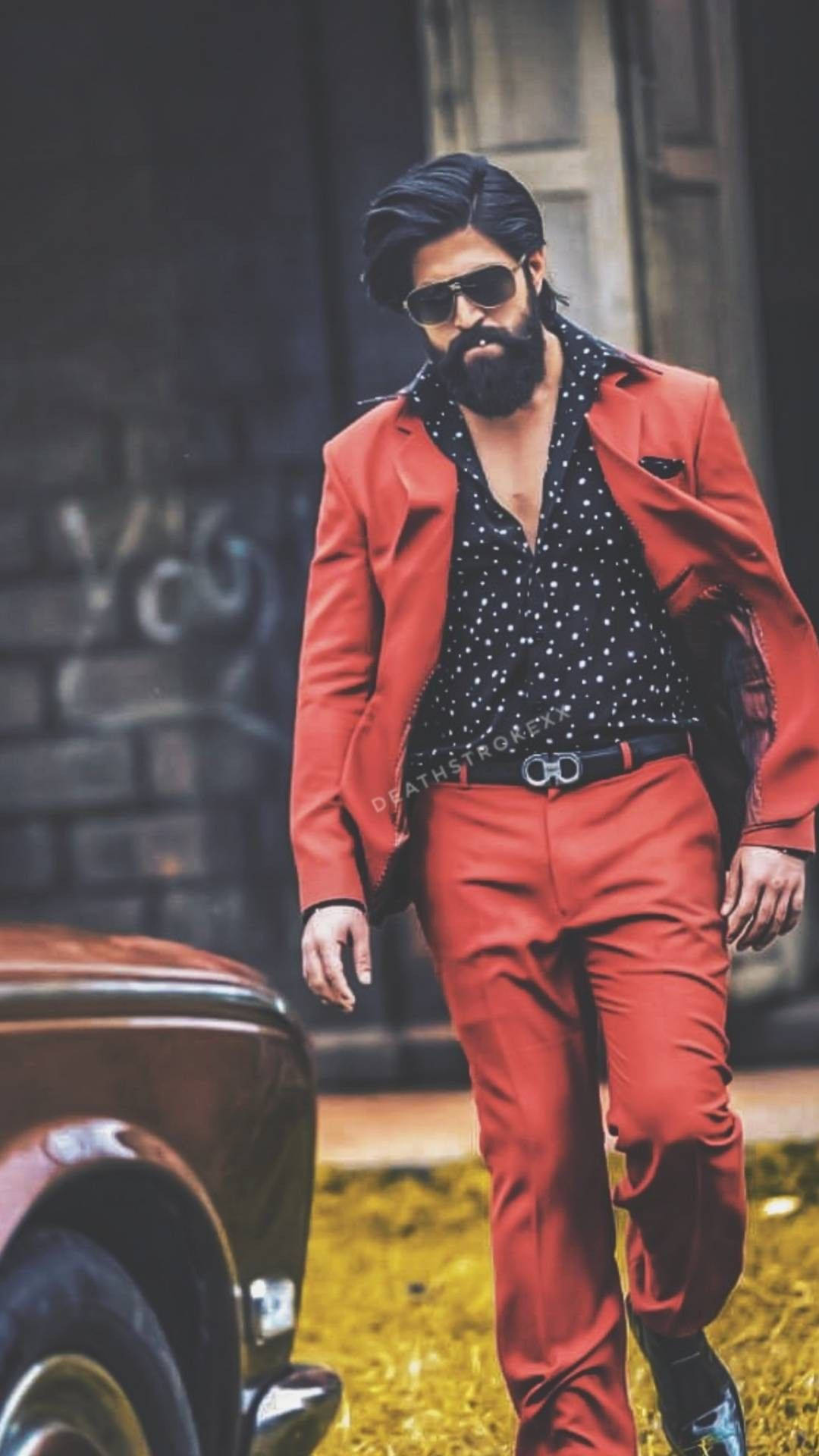Rocky Bhai, red suit, sunglasses, Full HD Phone Wallpaper