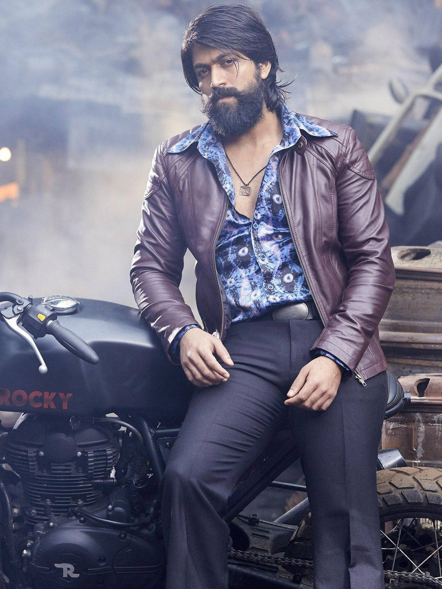 Rocky Bhai, leather jacket, black motorcycle, Full HD Phone Wallpaper