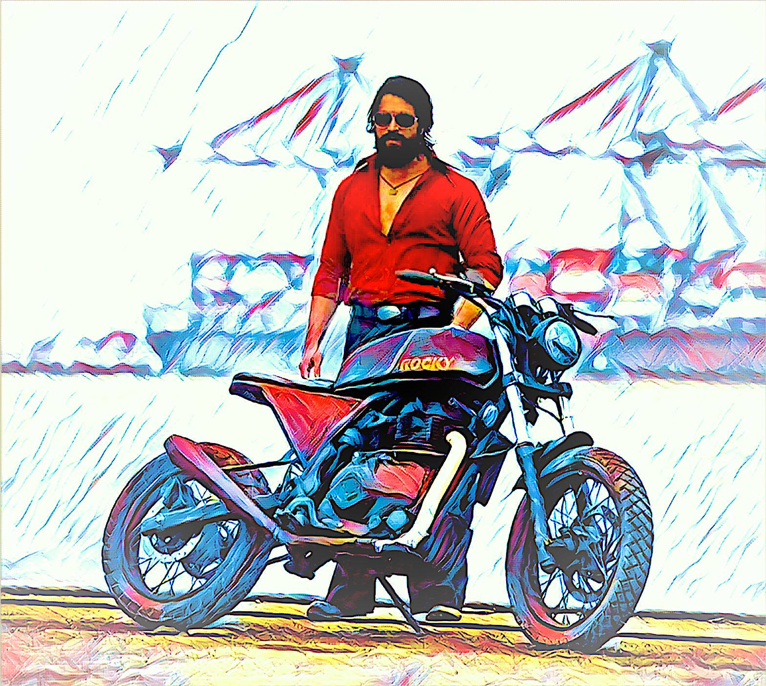 Rocky Bhai, blue motorcycle, red shirt, HD Desktop Wallpaper