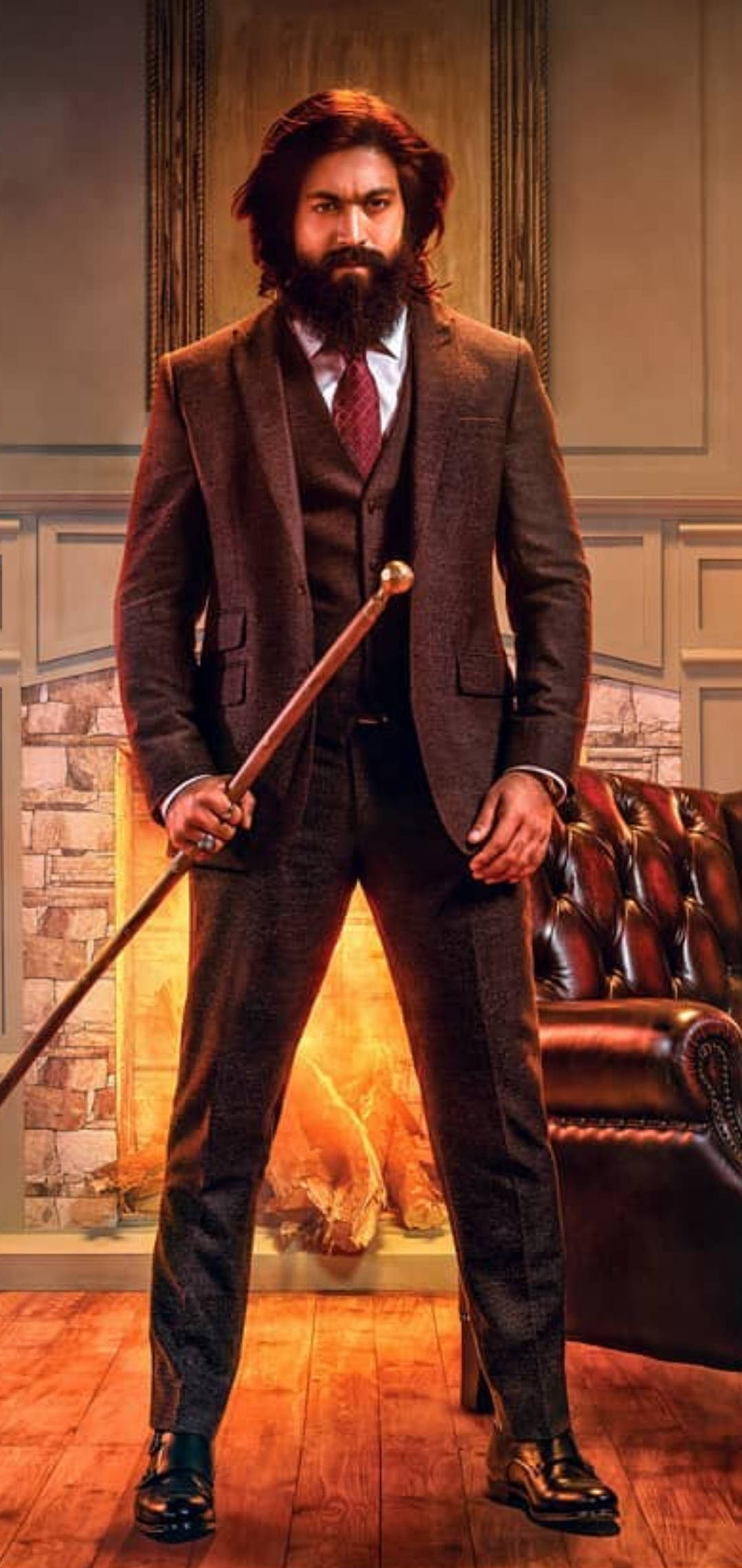 Rocky Bhai, brown suit, cane, Full HD Phone Wallpaper