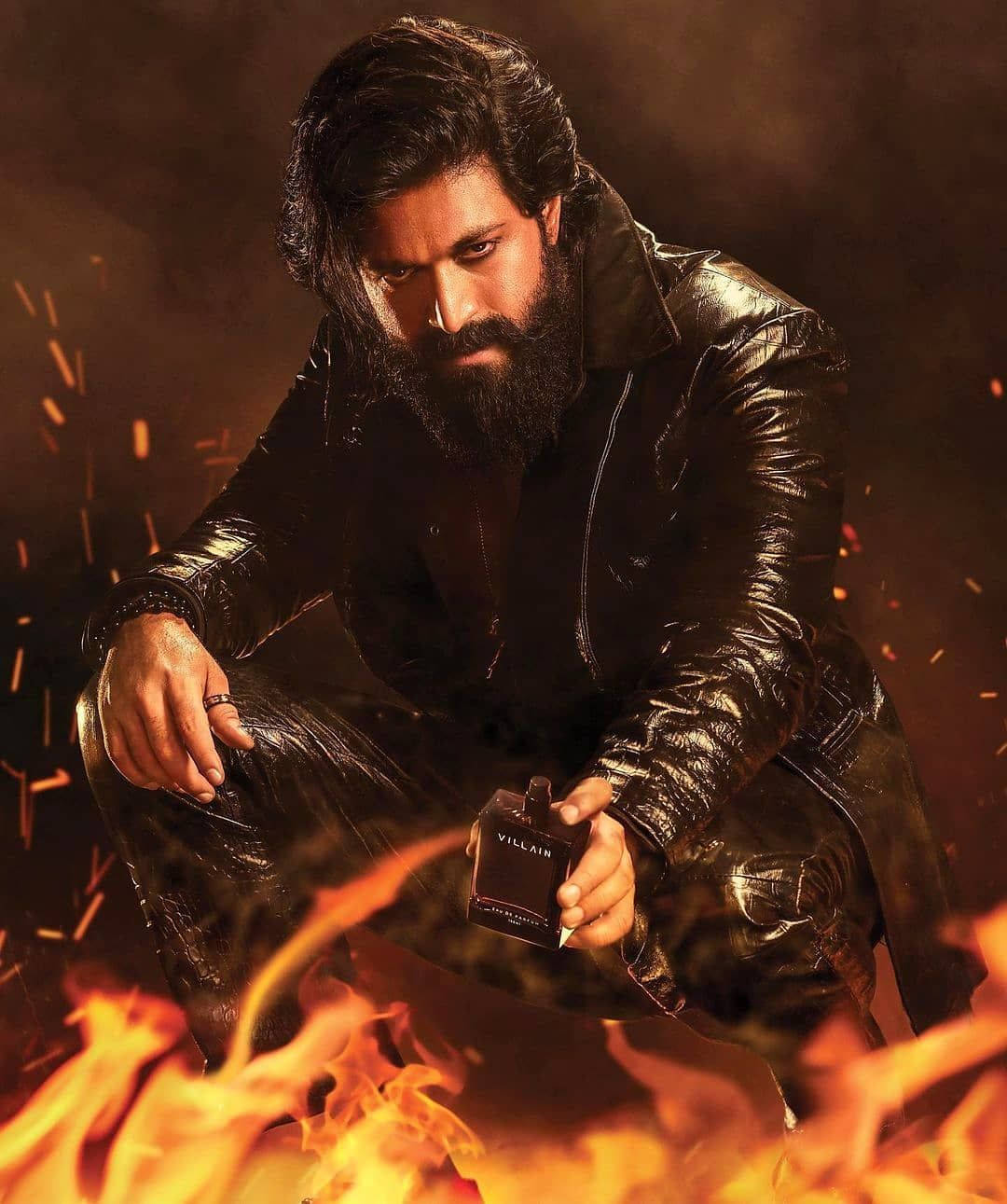 Rocky Bhai, black leather jacket, roaring flames, HD Phone Wallpaper