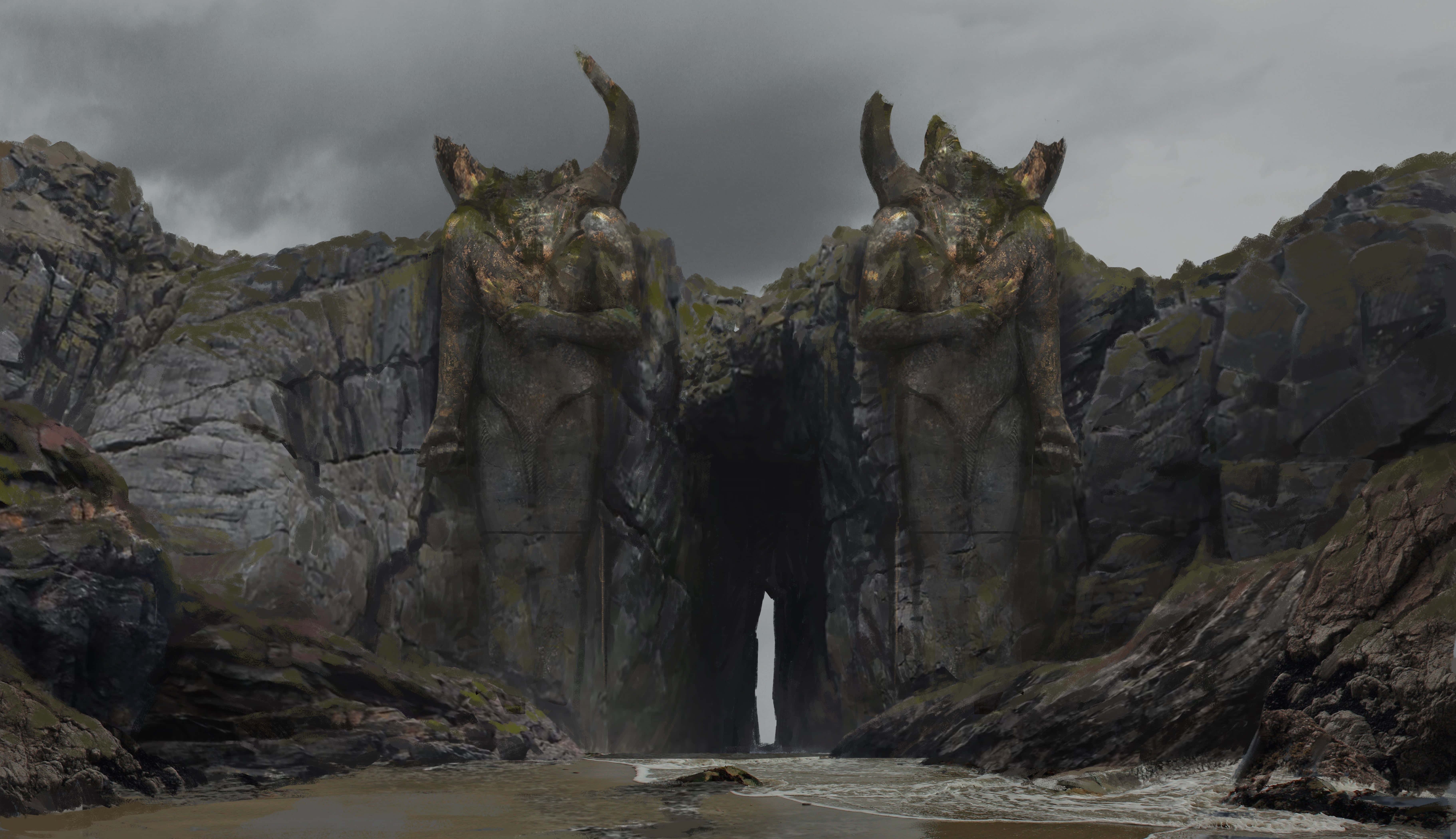 Rocky Bhai, horned statues, dark cave entrance, 5K Desktop Wallpaper