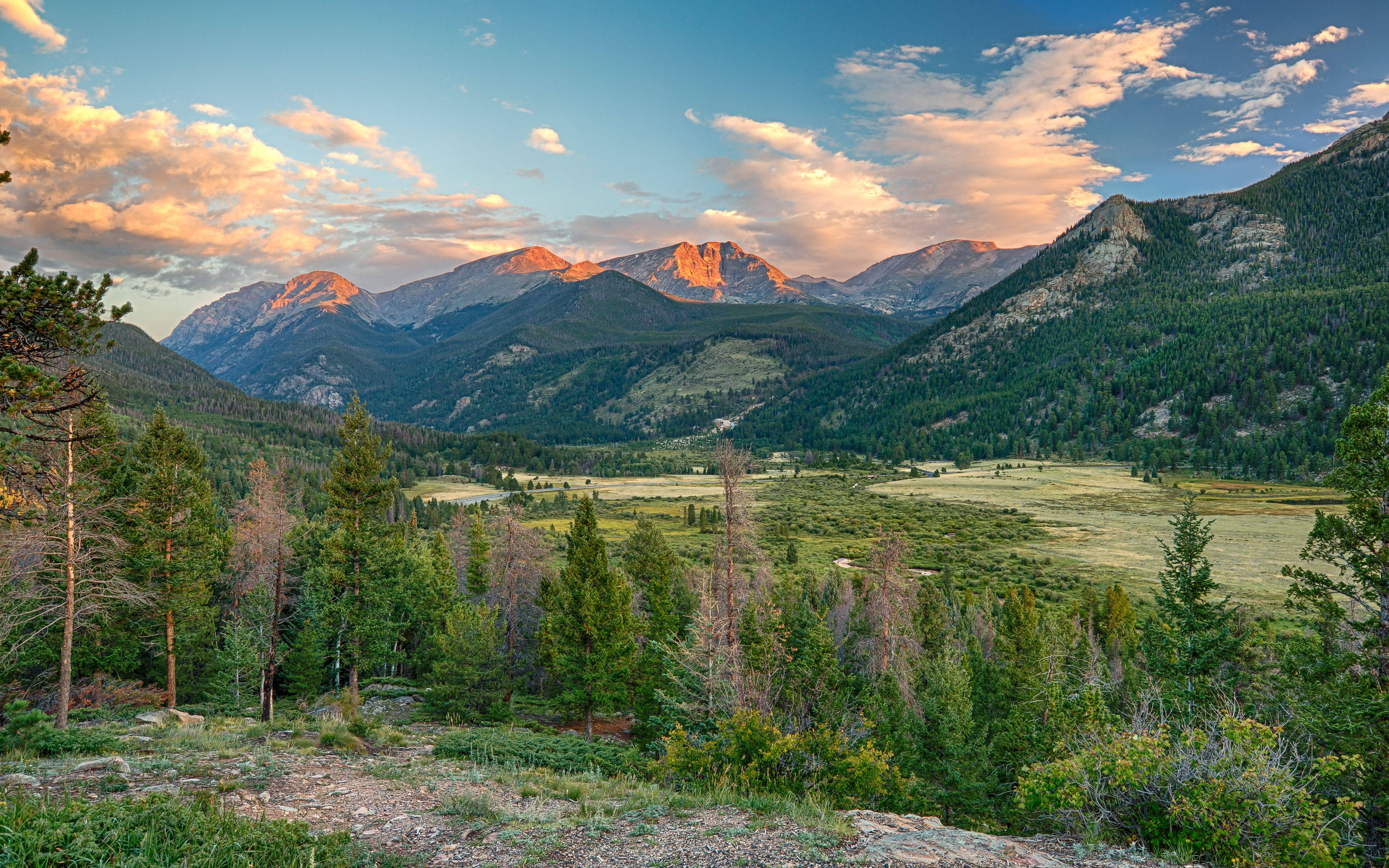 Rocky Mountain National Park, Sunset, golden light, 4K Desktop Wallpaper