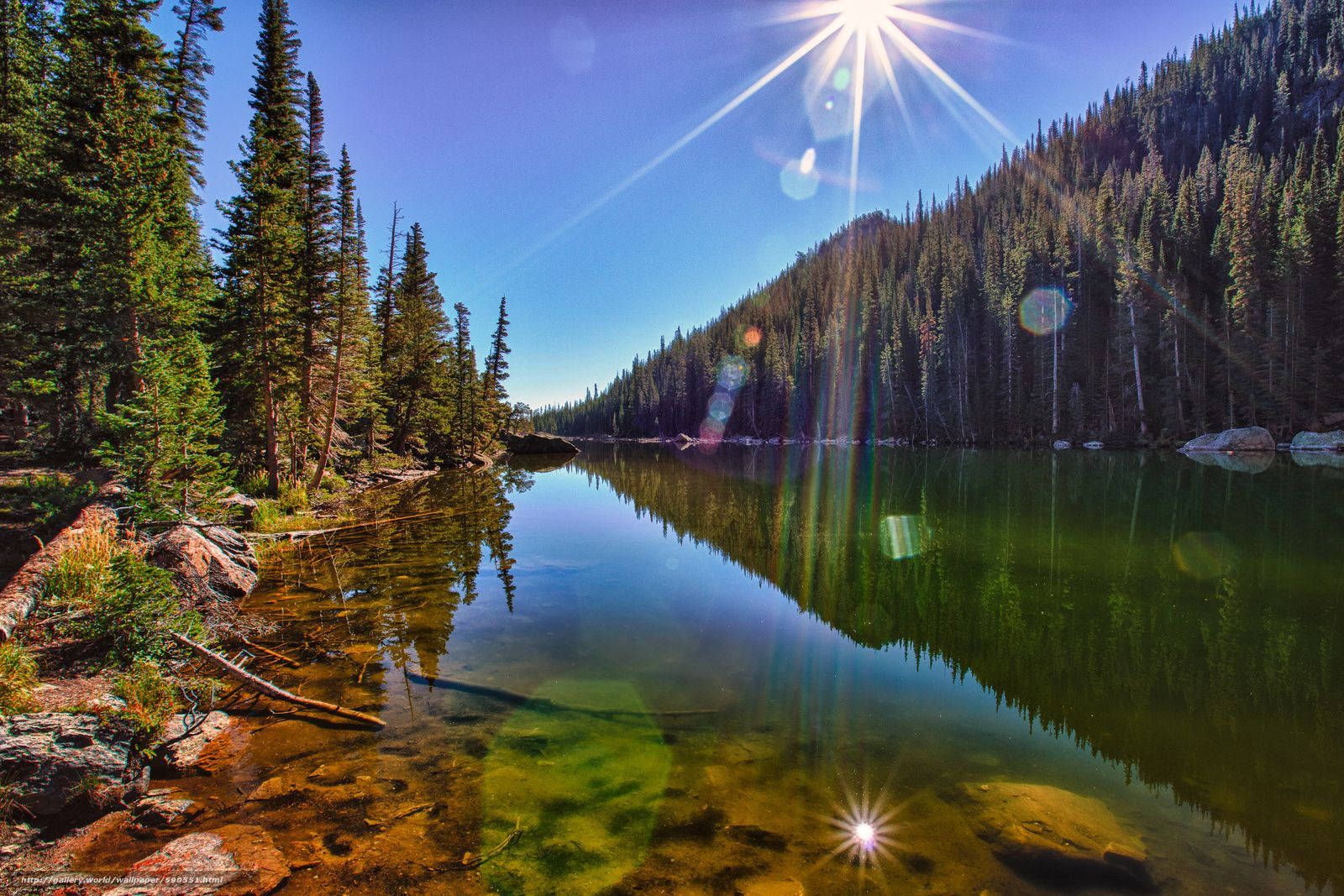 Rocky Mountain National Park, sun rays, alpine lake, HD Desktop Wallpaper