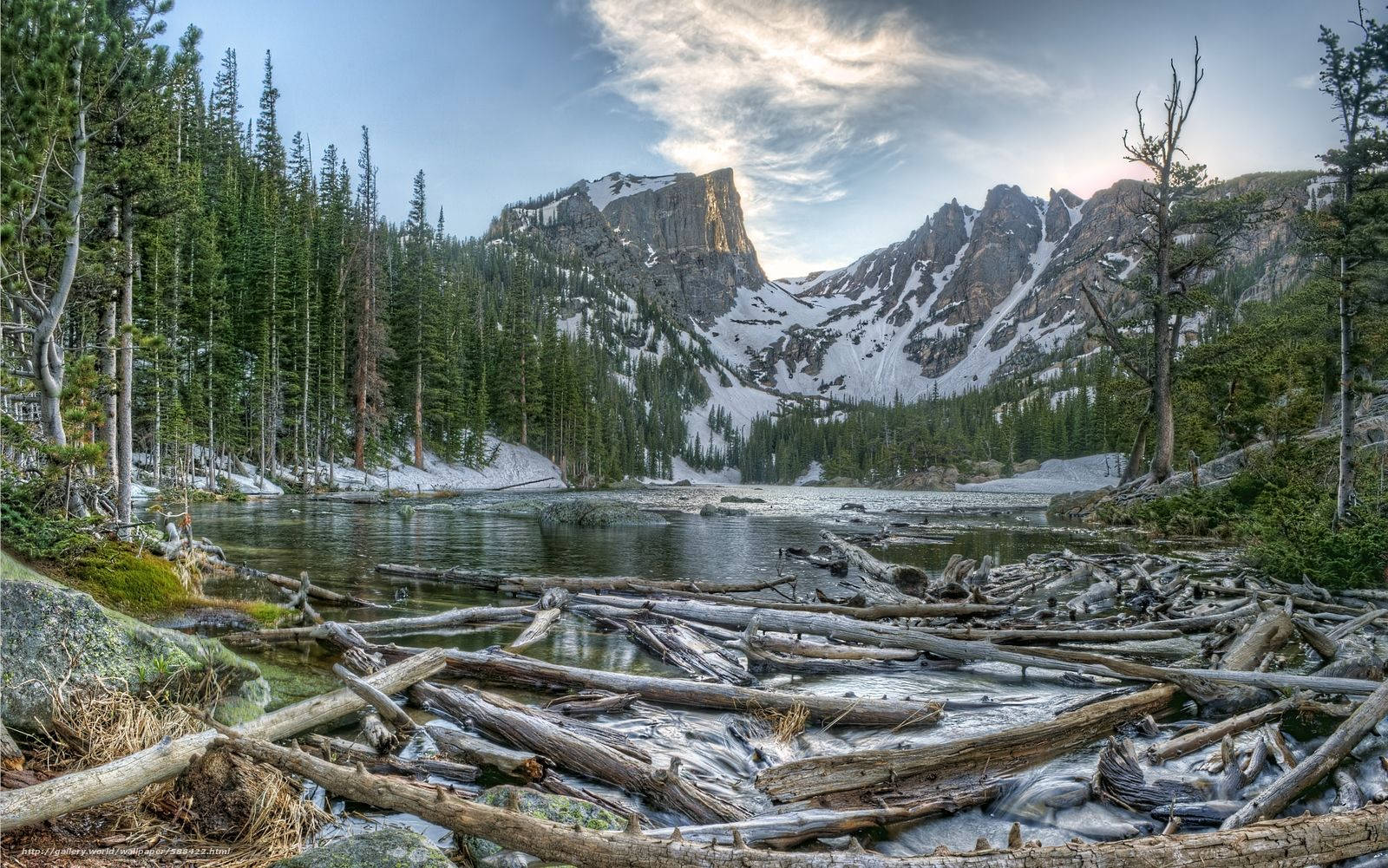 Rocky Mountain National Park, alpine lake, snow-dusted peaks, HD Desktop Wallpaper