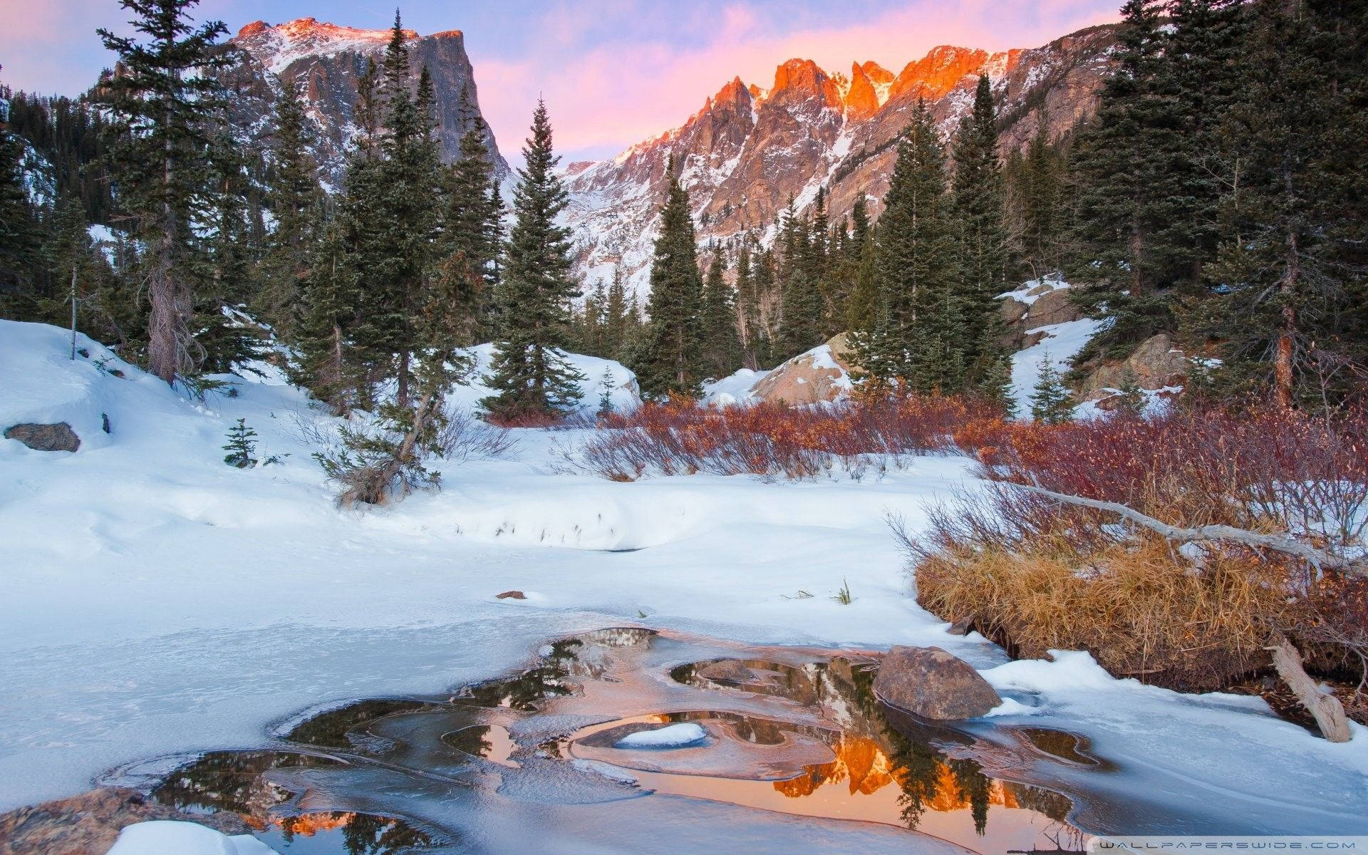 Rocky Mountain National Park, sunset, icy streams, Full HD Desktop Wallpaper