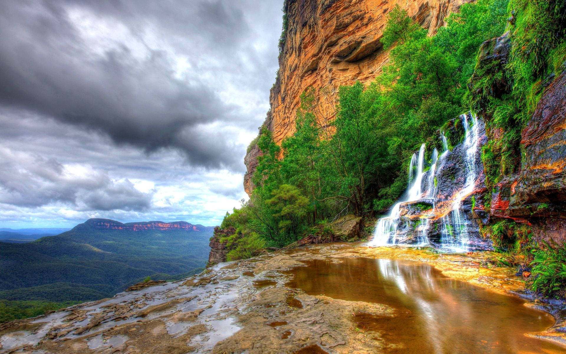 Rocky Mountain National Park, rainclouds, cascading waterfall, Full HD Desktop Wallpaper