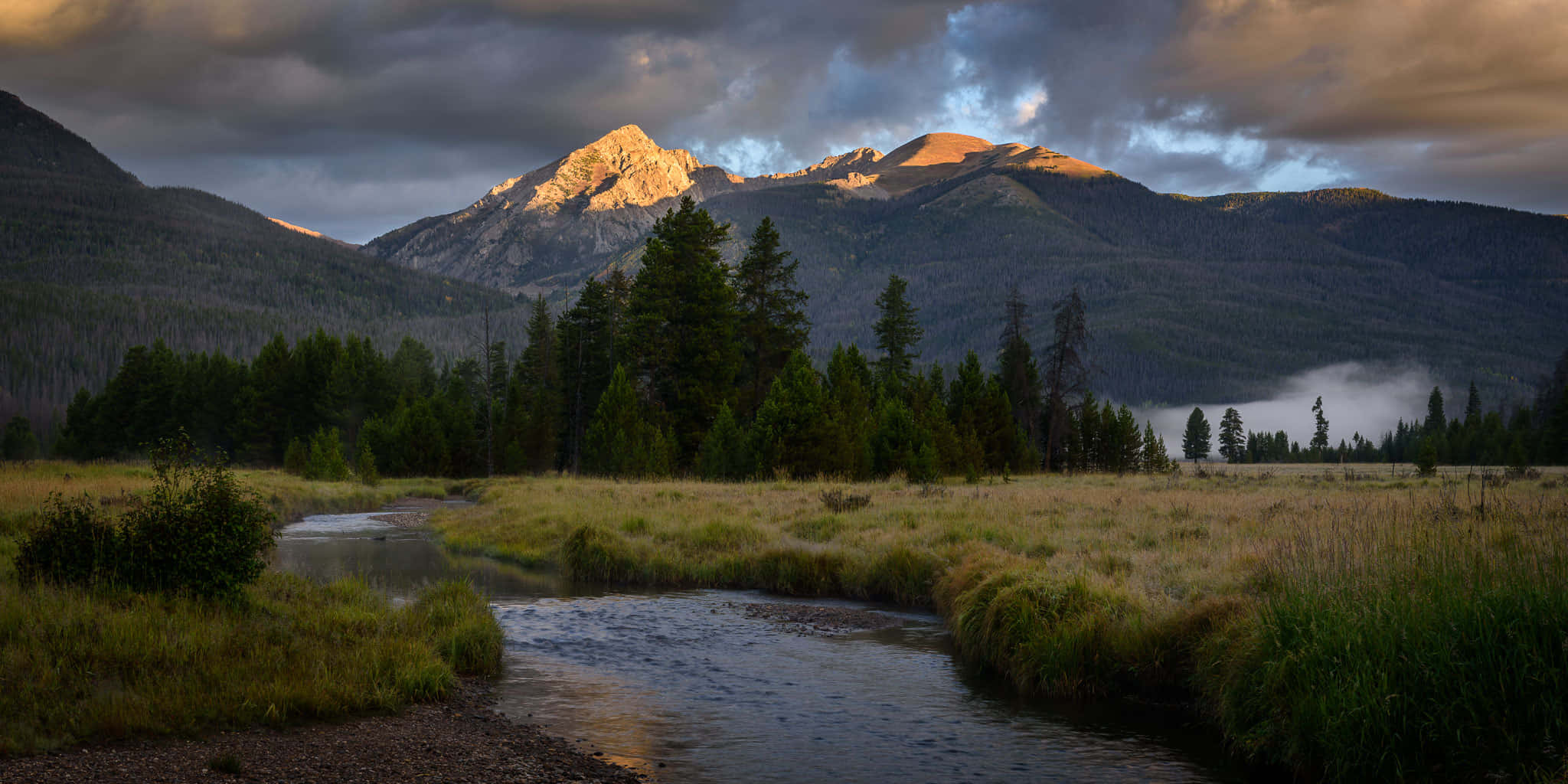 Rocky Mountains, grassy meadow, winding river, Full HD Desktop Wallpaper