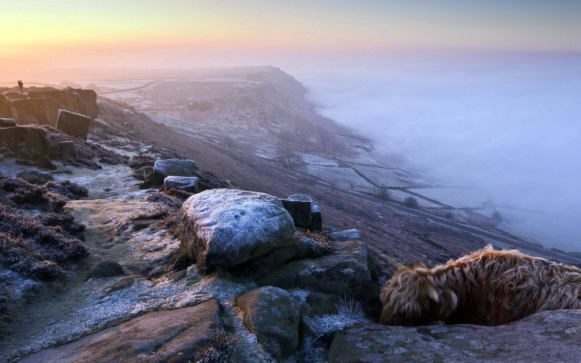 Rocky Mountain, frosty rocks, mist, Full HD Desktop Wallpaper