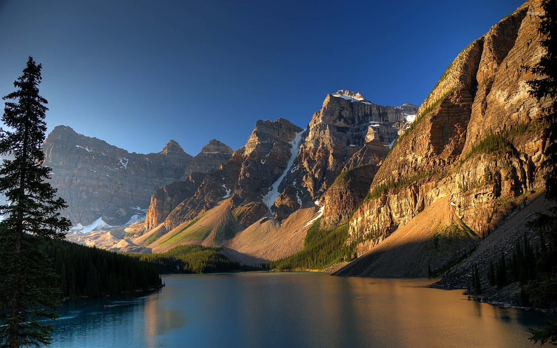 Rocky Mountains, alpine lake, snow-dusted peaks, Full HD Desktop Wallpaper