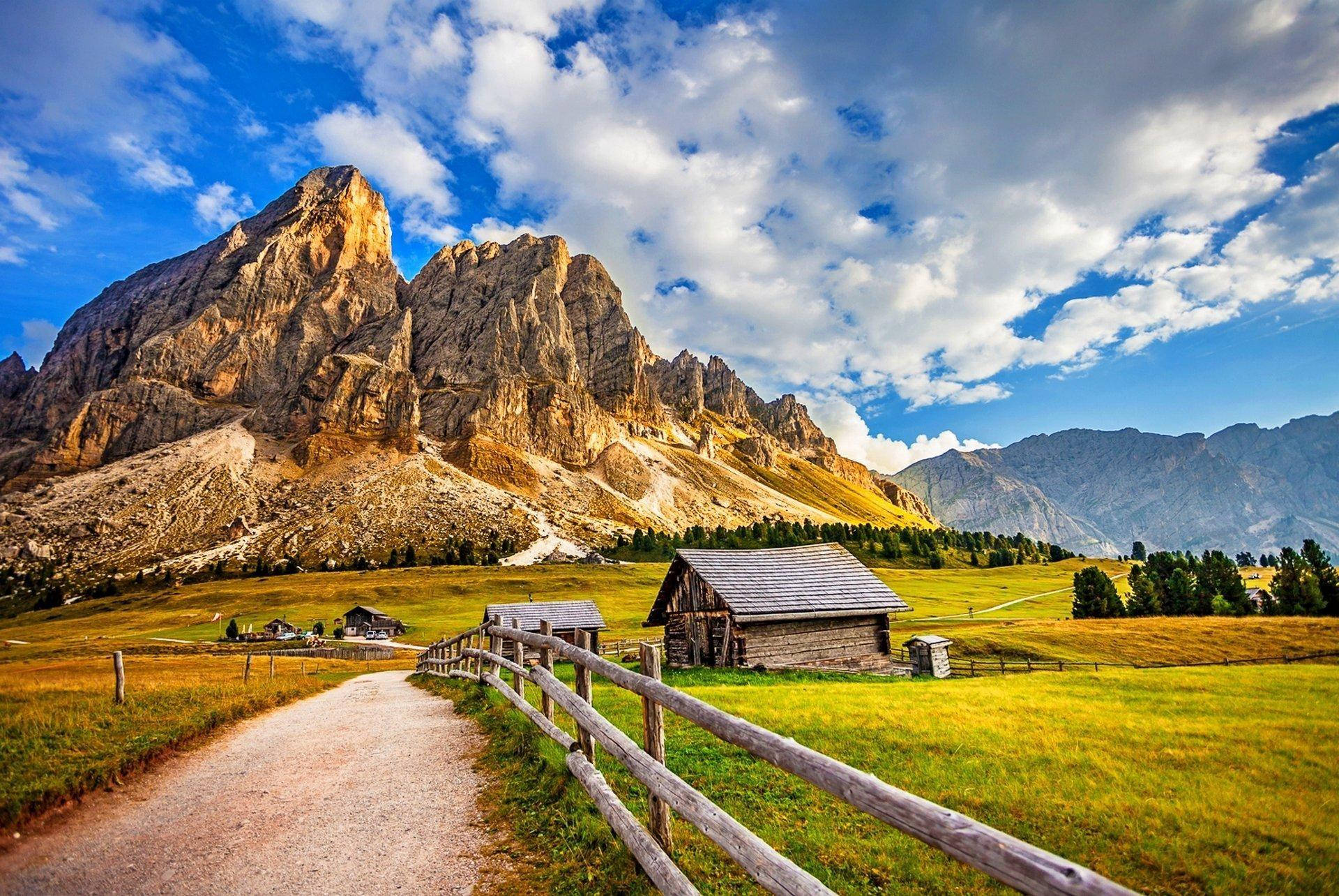 mountain village, rustic wooden cabins, golden mountains, Full HD Desktop Wallpaper