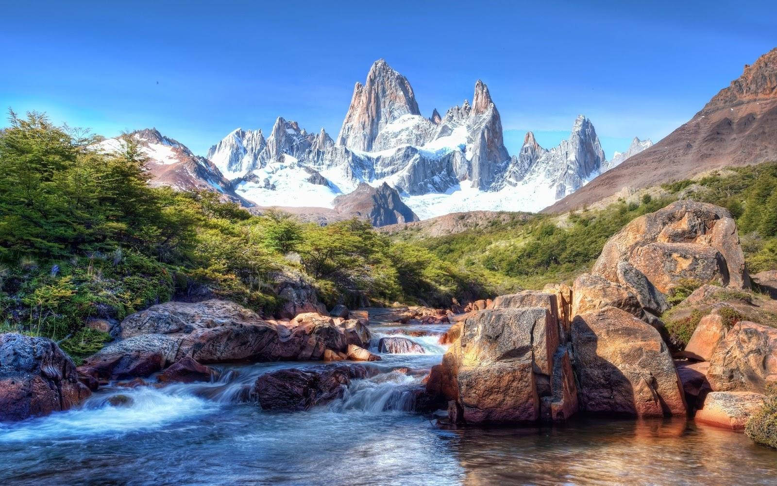 Rocky Mountain, small waterfall, snow-capped mountain range, HD Desktop Wallpaper
