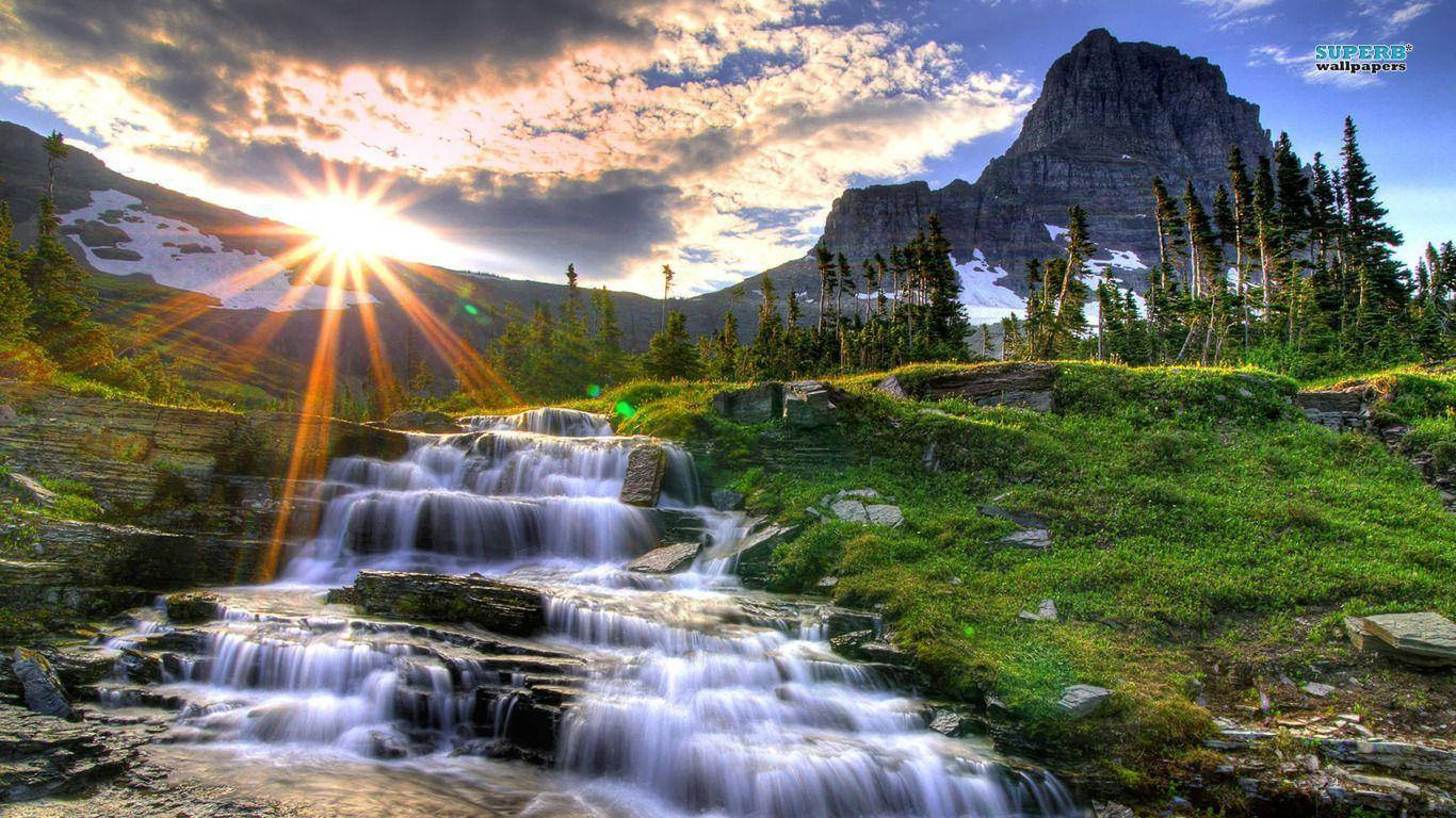 Rocky Mountain, grassy waterfall, cascading mountain stream, HD Desktop Wallpaper