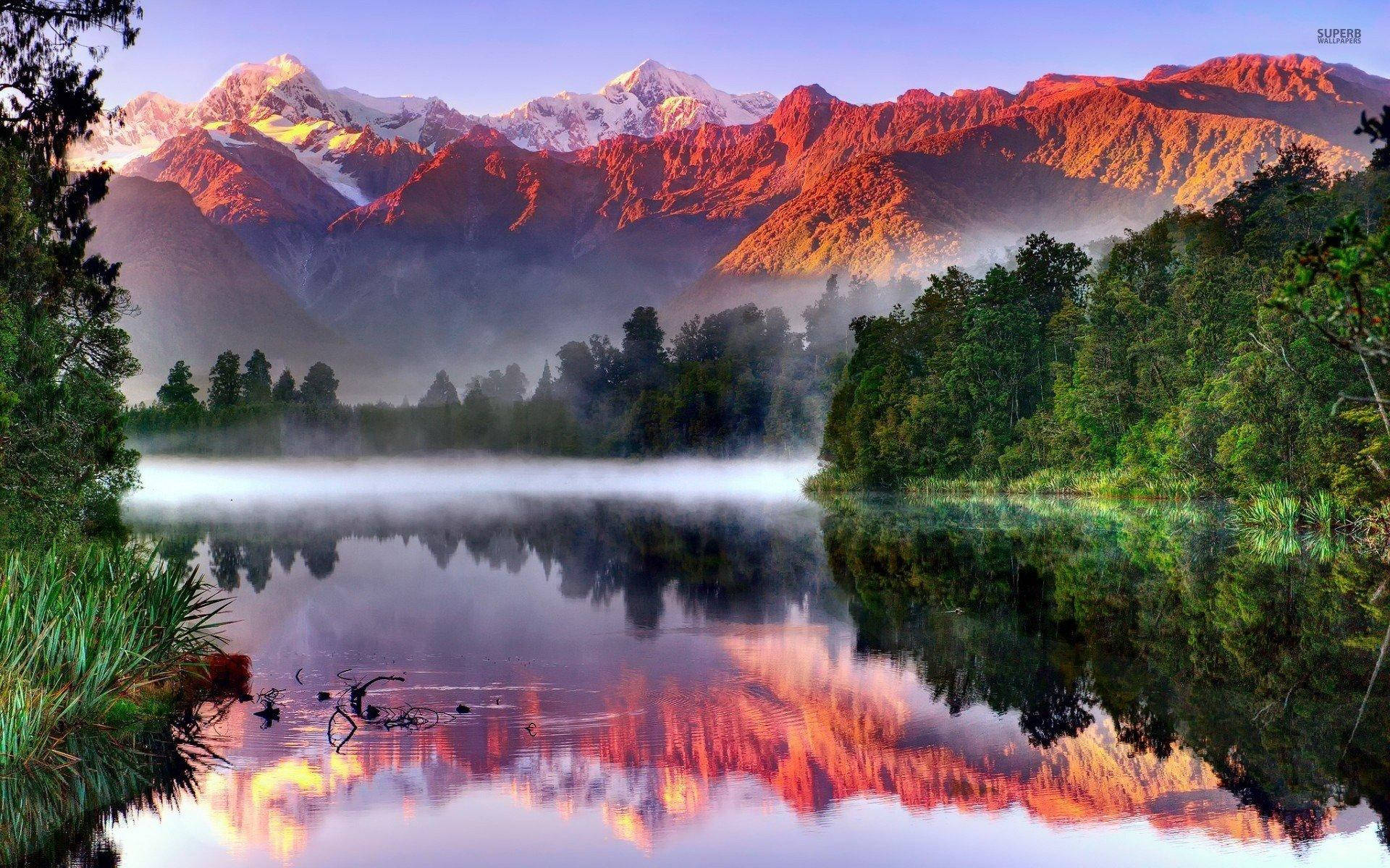 Red Rocky Mountain, dark green forest, sunrise hues, Full HD Desktop Wallpaper