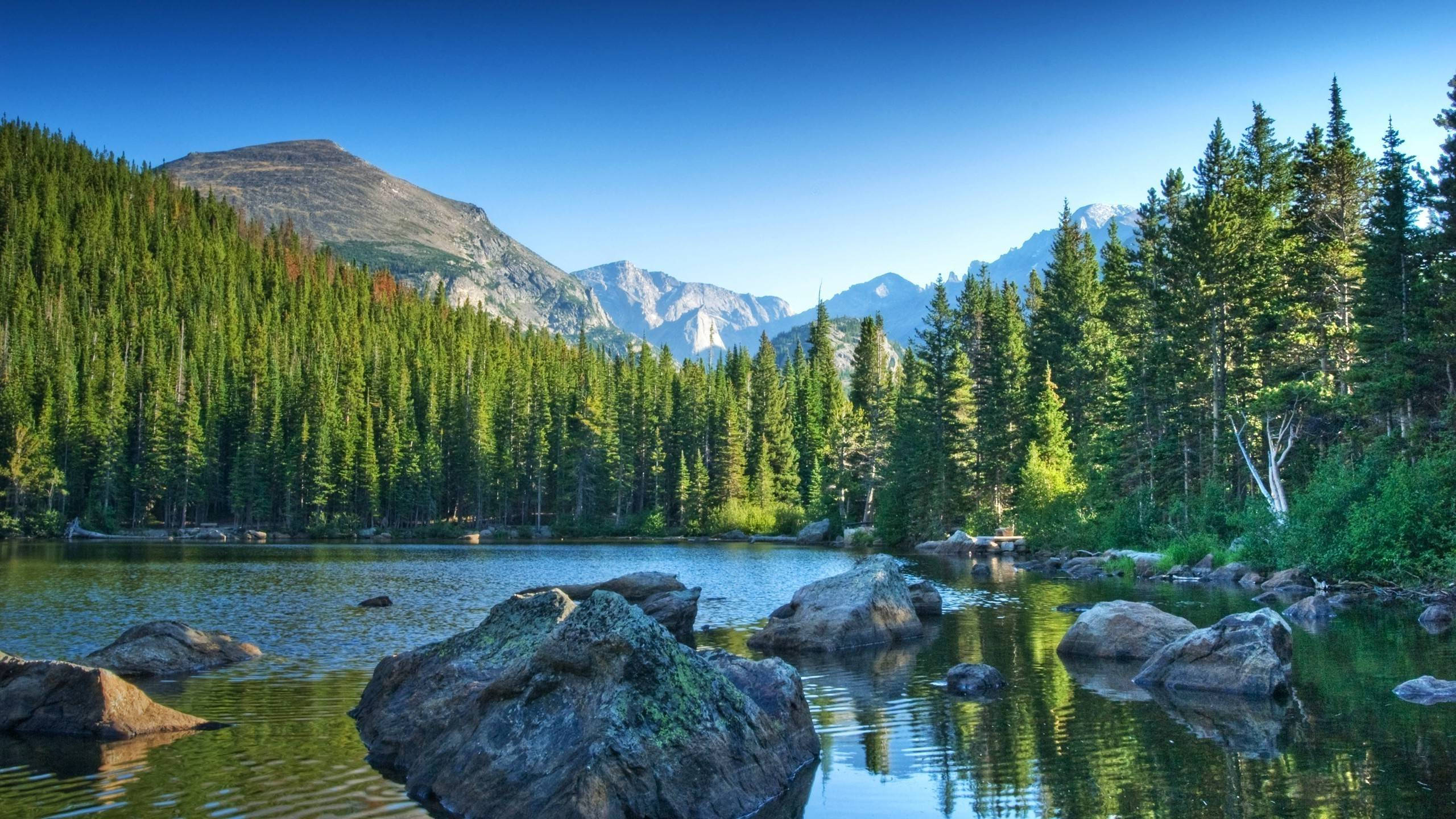 Rocky Mountain, Rocky Lake, alpine lake, 2K Desktop Wallpaper