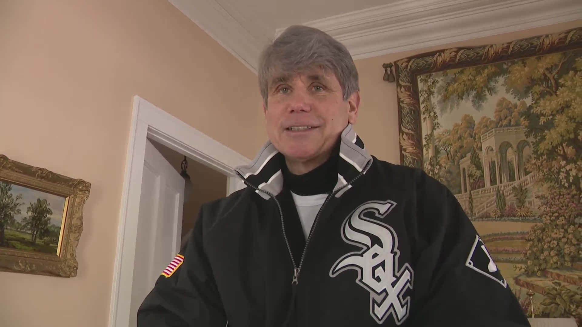Rod Blagojevich, black Chicago White Sox jacket, ornate tapestry, Full HD Desktop Wallpaper