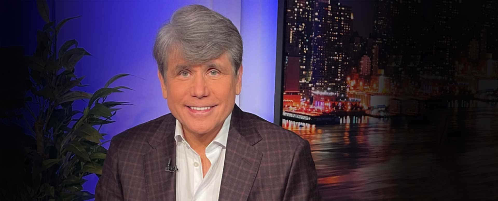Rod Blagojevich, checkered suit, vibrant nighttime cityscape, Full HD Desktop Wallpaper