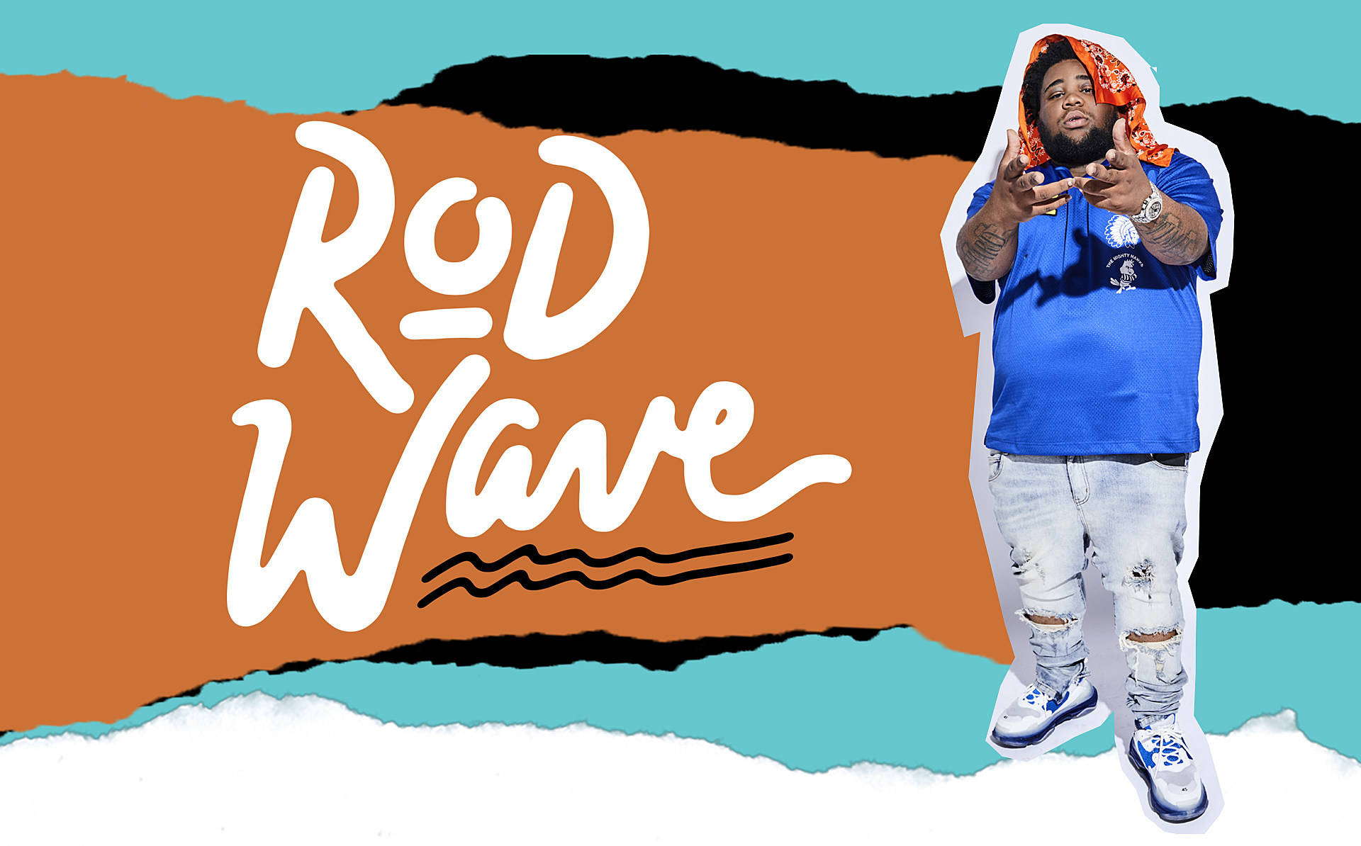 Rod Wave, blue shirt, ripped jeans, Full HD Desktop Wallpaper