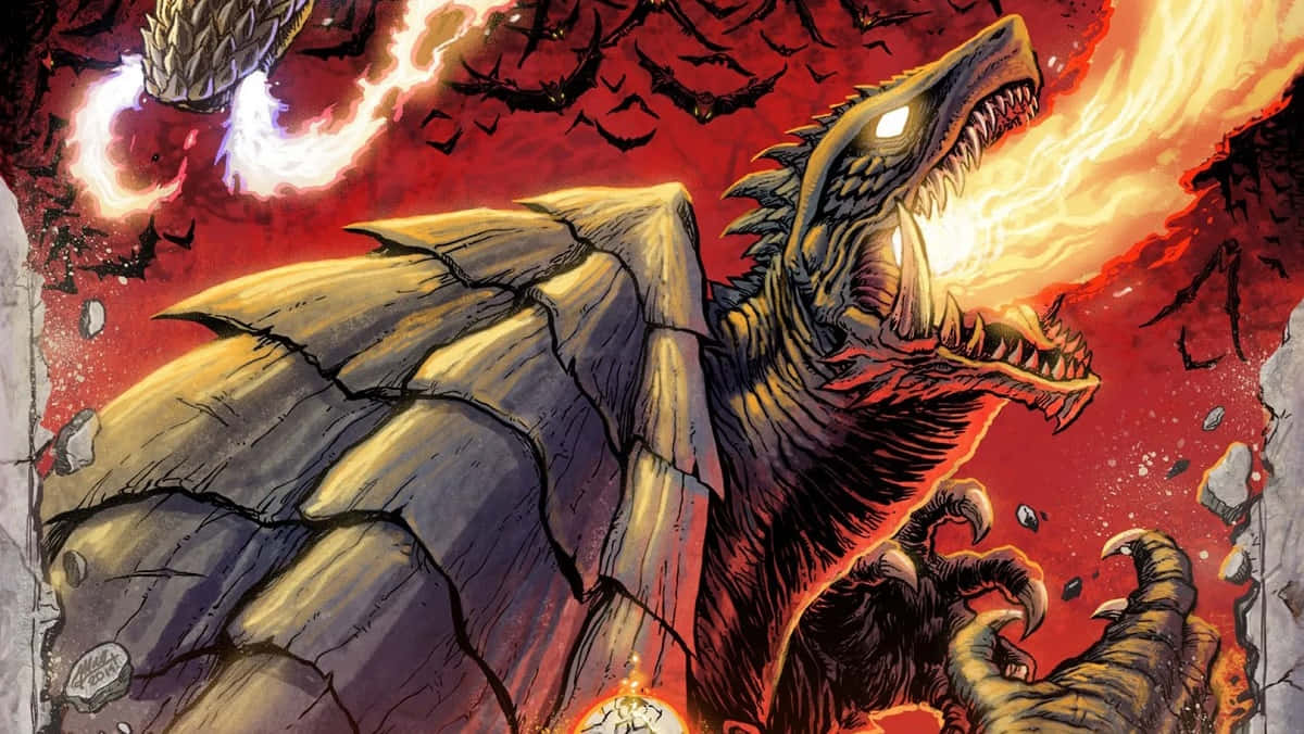 Rodan, crumbling stone wall, blood red sky, SD Desktop Wallpaper