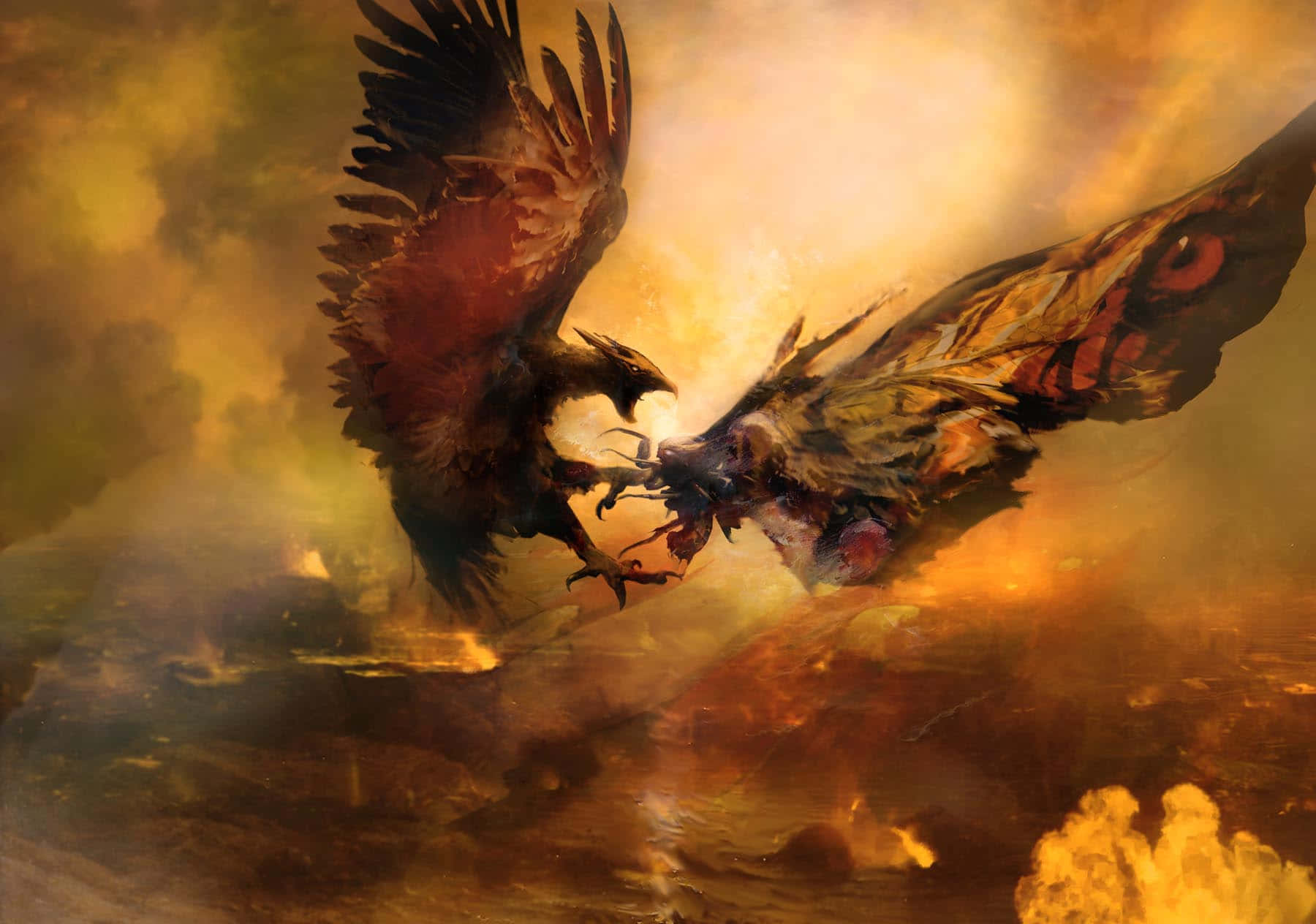 Rodan, mythical kaiju, fiery sky, HD Desktop Wallpaper
