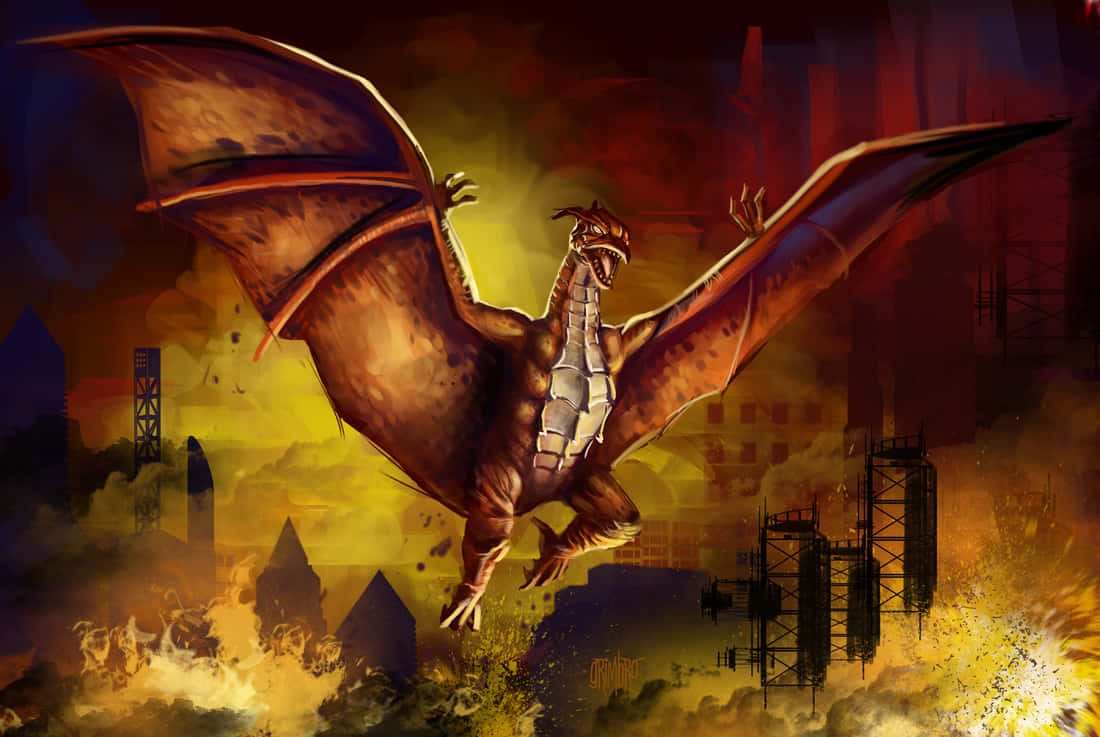 Rodan, fiery dragon, burning cityscape, SD Desktop Wallpaper