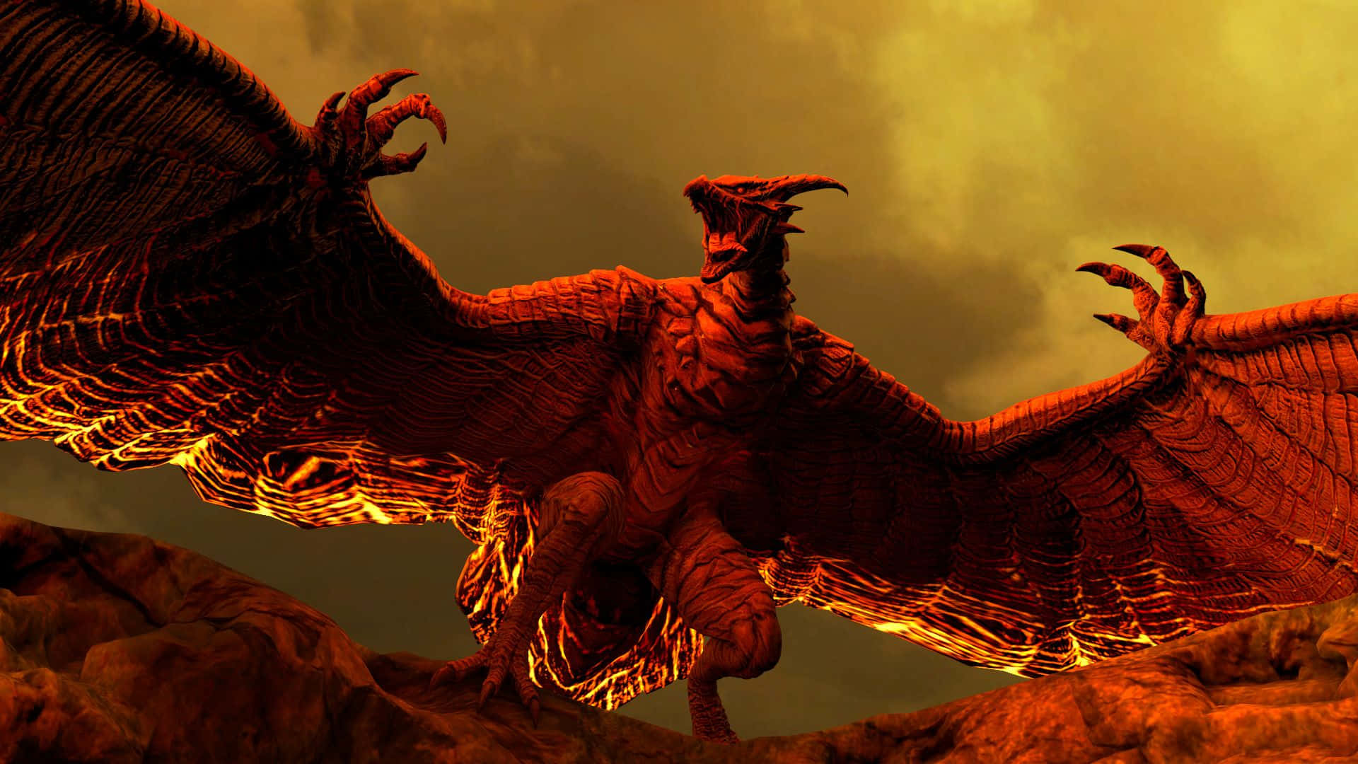 Rodan, fiery red, glowing wings, Full HD Desktop Wallpaper