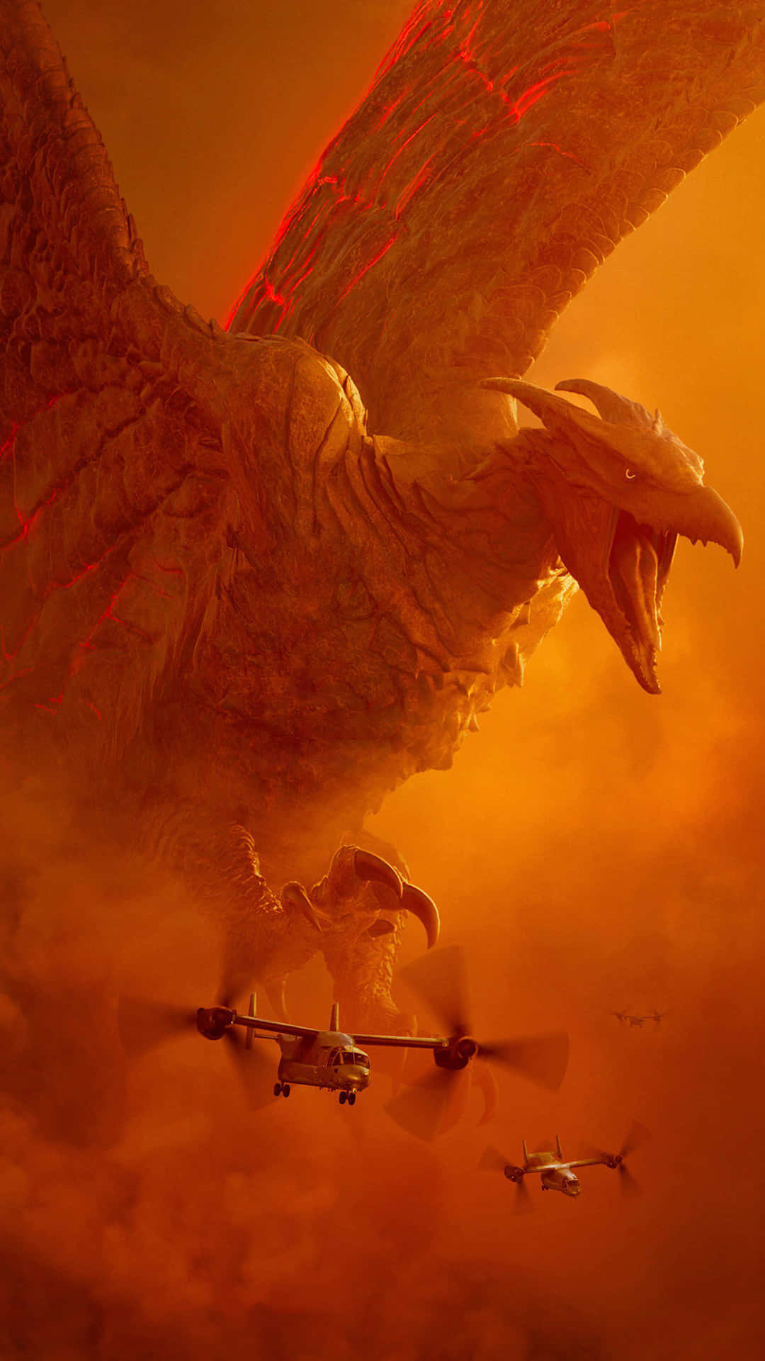 Rodan, fiery-winged monster, hazy orange sky, Full HD Phone Wallpaper