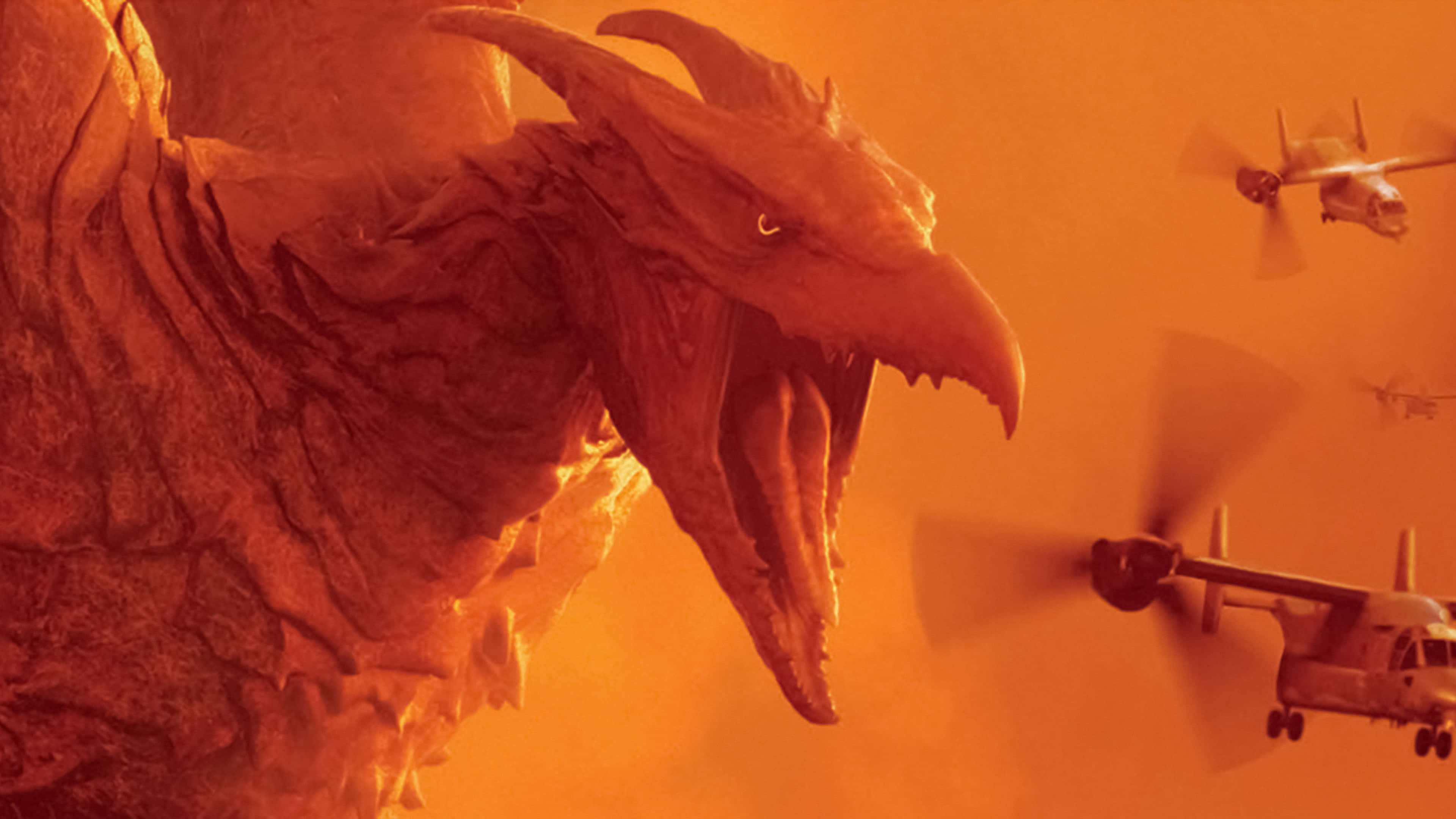 Rodan, colossal orange dragon, military planes, 4K Desktop Wallpaper