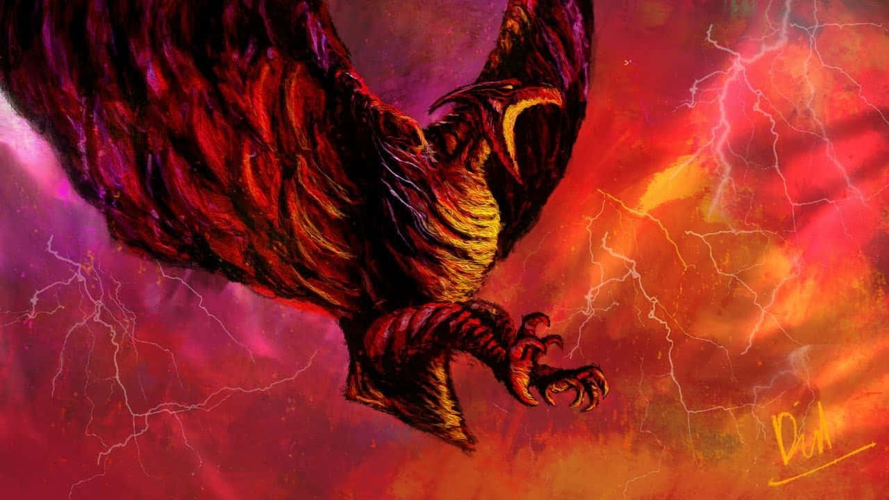 Rodan, red and gold phoenix, stormy sky, HD Desktop Wallpaper