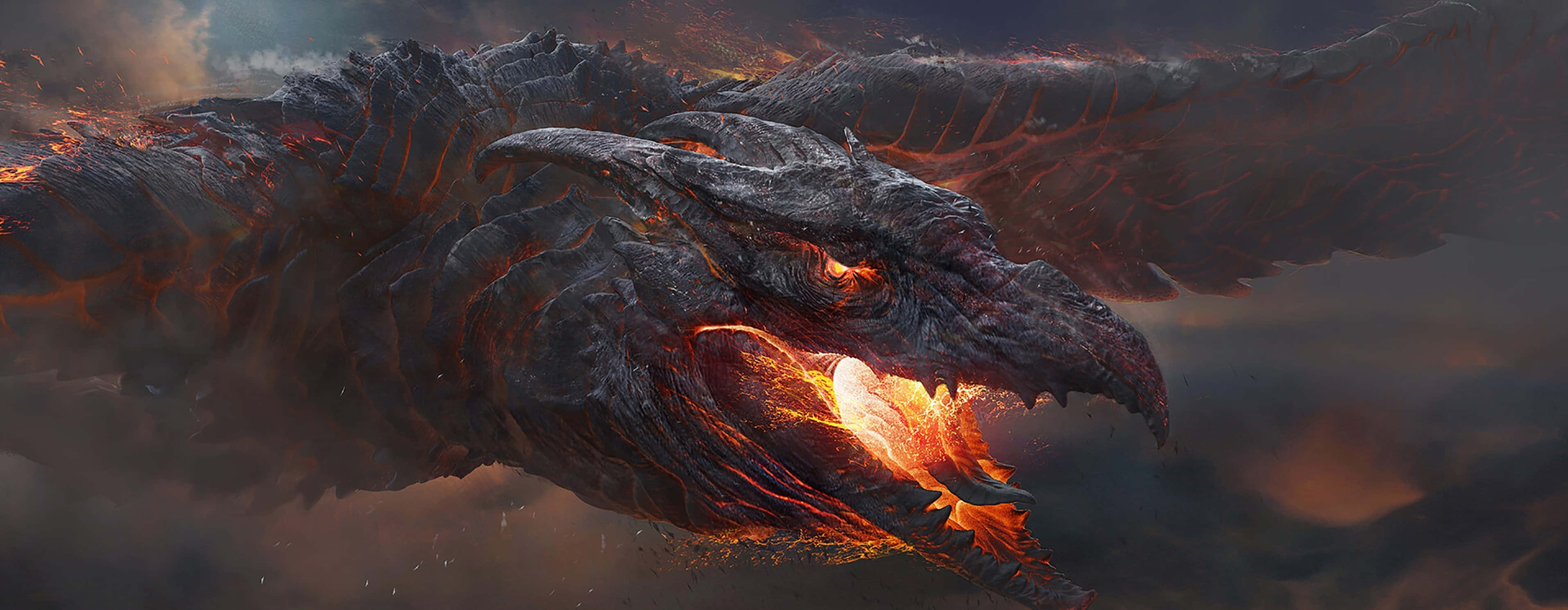 Rodan, fiery dragon, glowing orange eyes, 2K Desktop Wallpaper