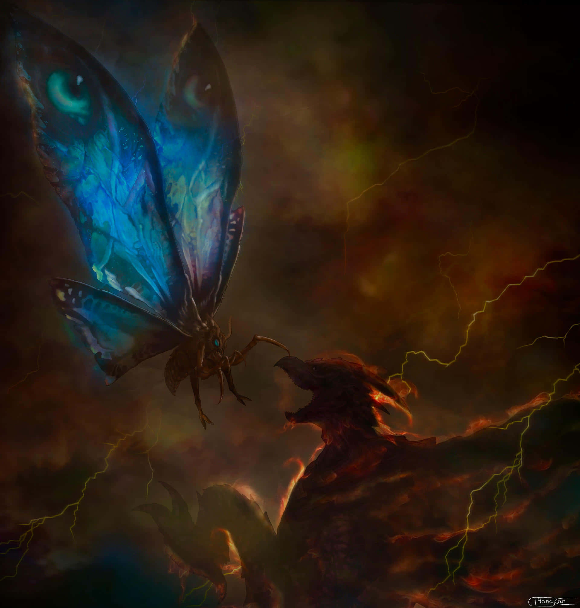 Rodan, blue-winged moth, glowing eyes, Full HD Phone Wallpaper