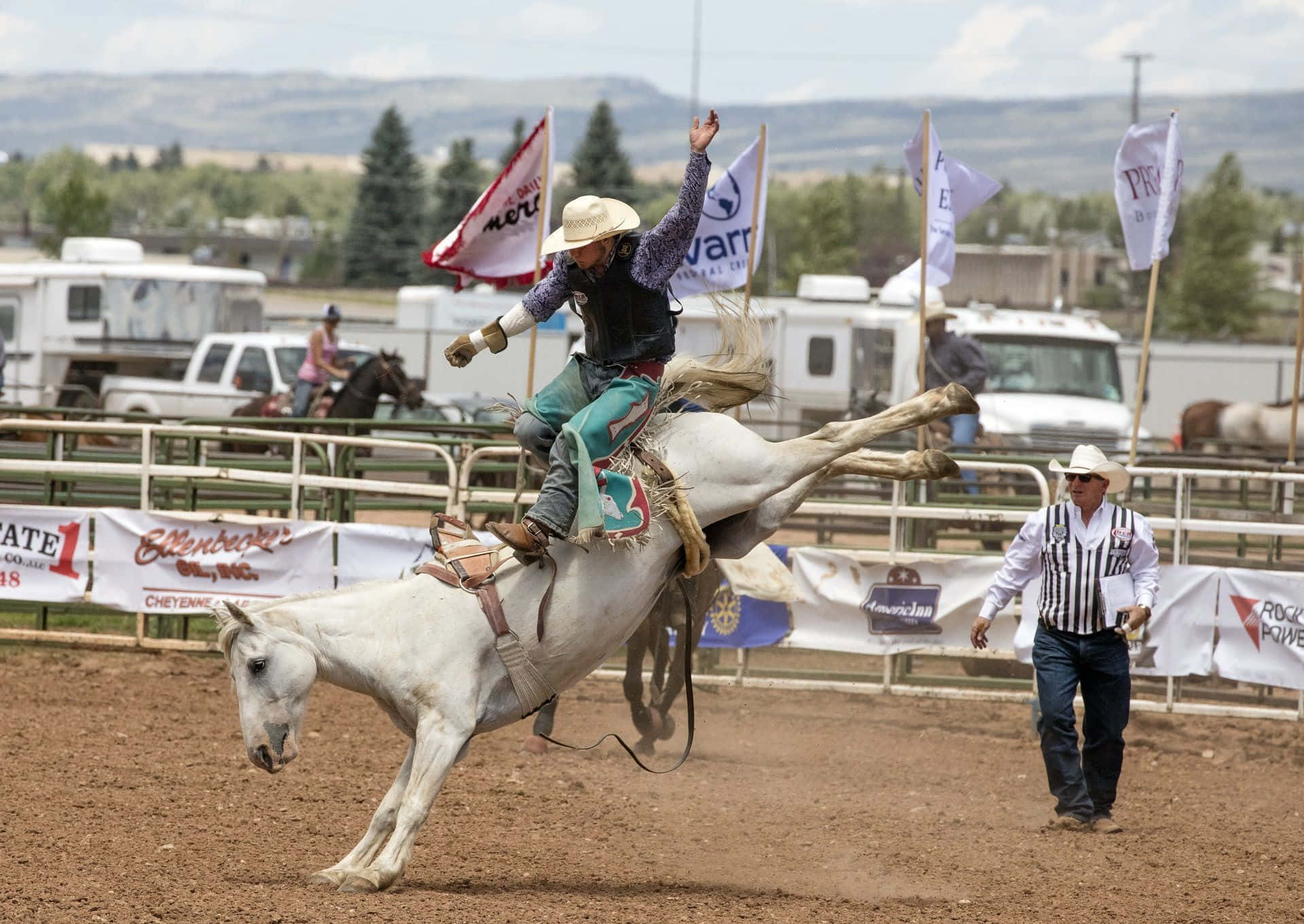 Rodeo, cowboy, bucking white horse, Full HD Desktop Wallpaper