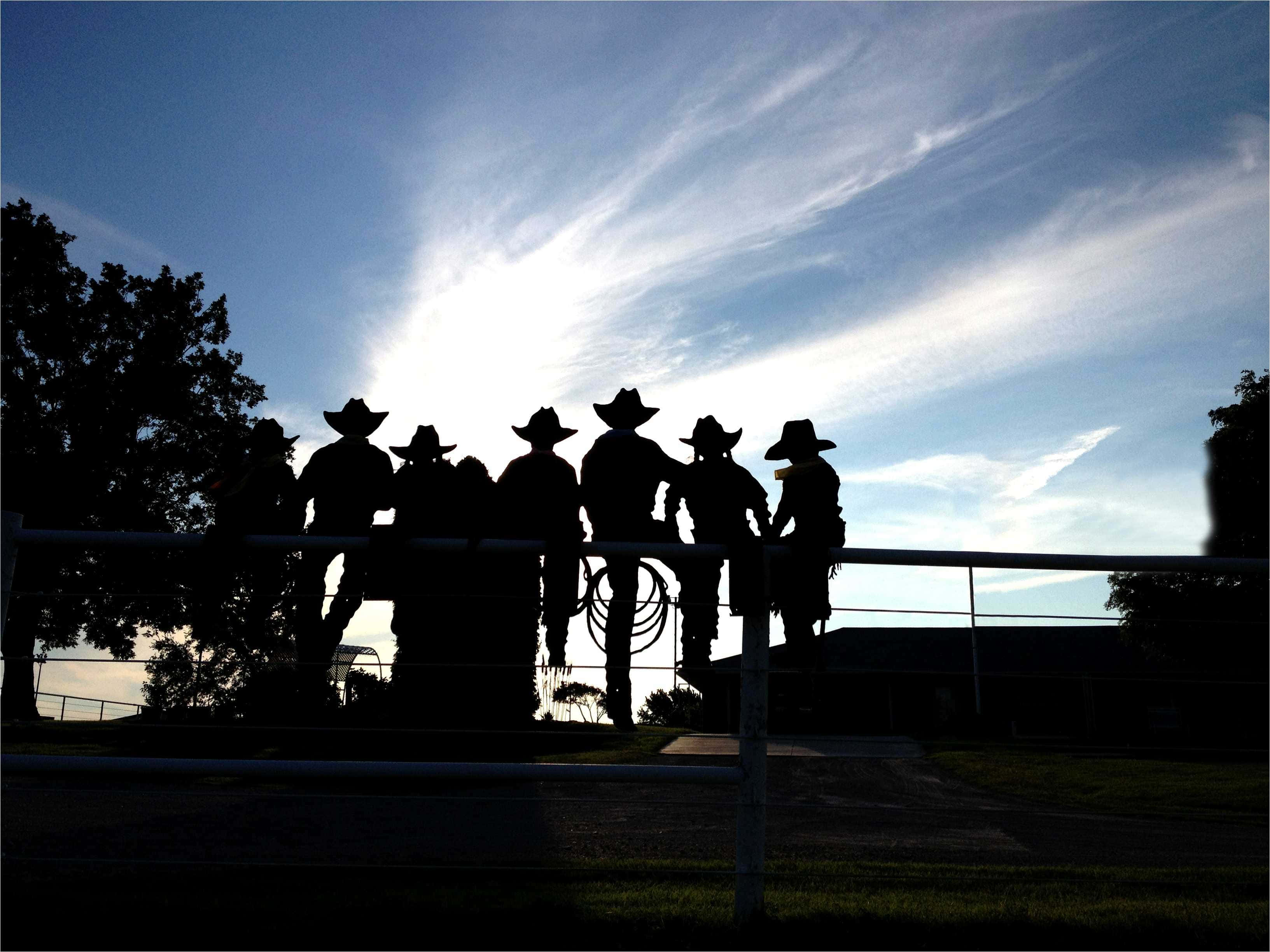 Rodeo, silhouetted cowboys, fence, 2K Desktop Wallpaper