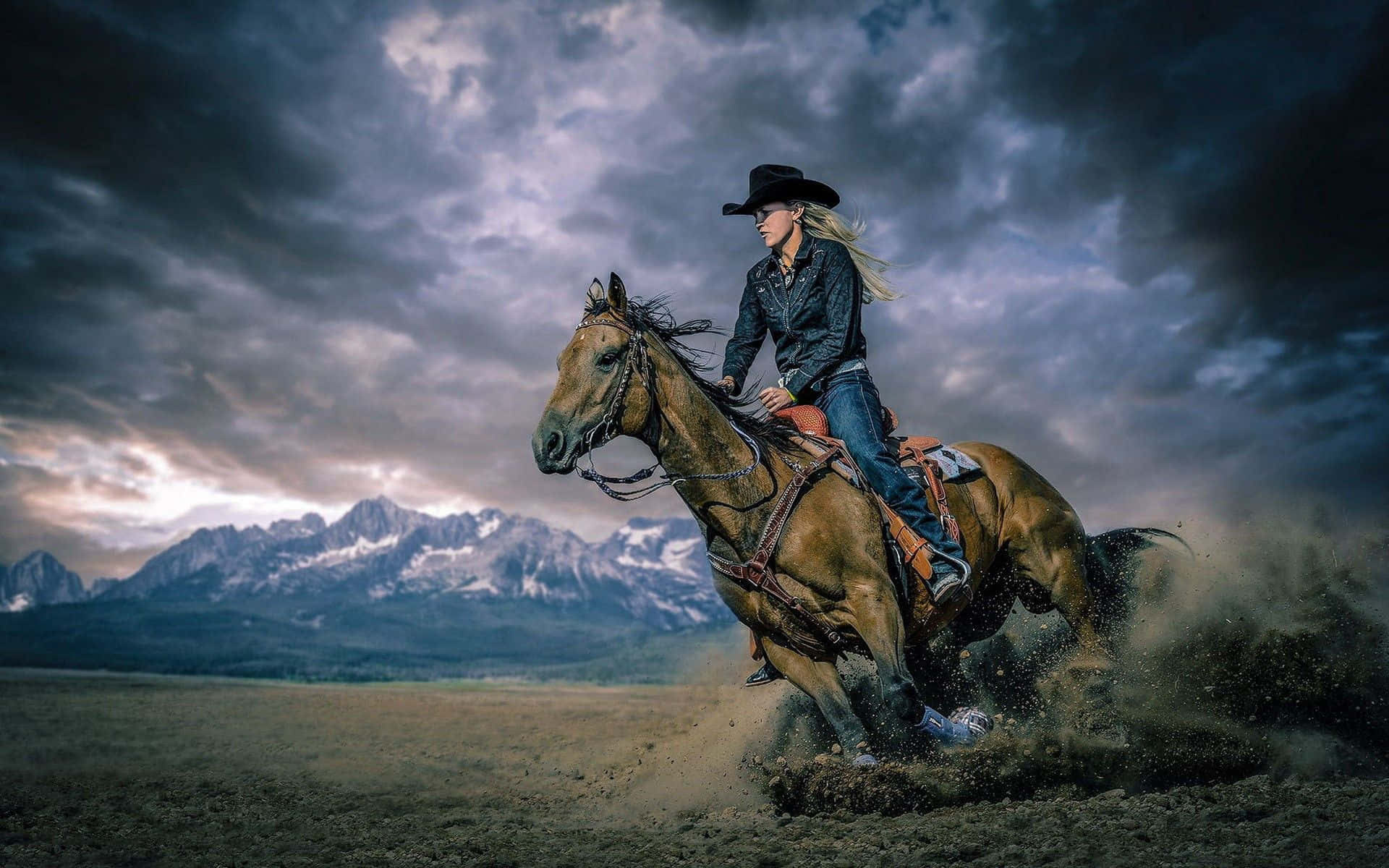 Rodeo, cowboy woman, galloping horse, Full HD Desktop Wallpaper