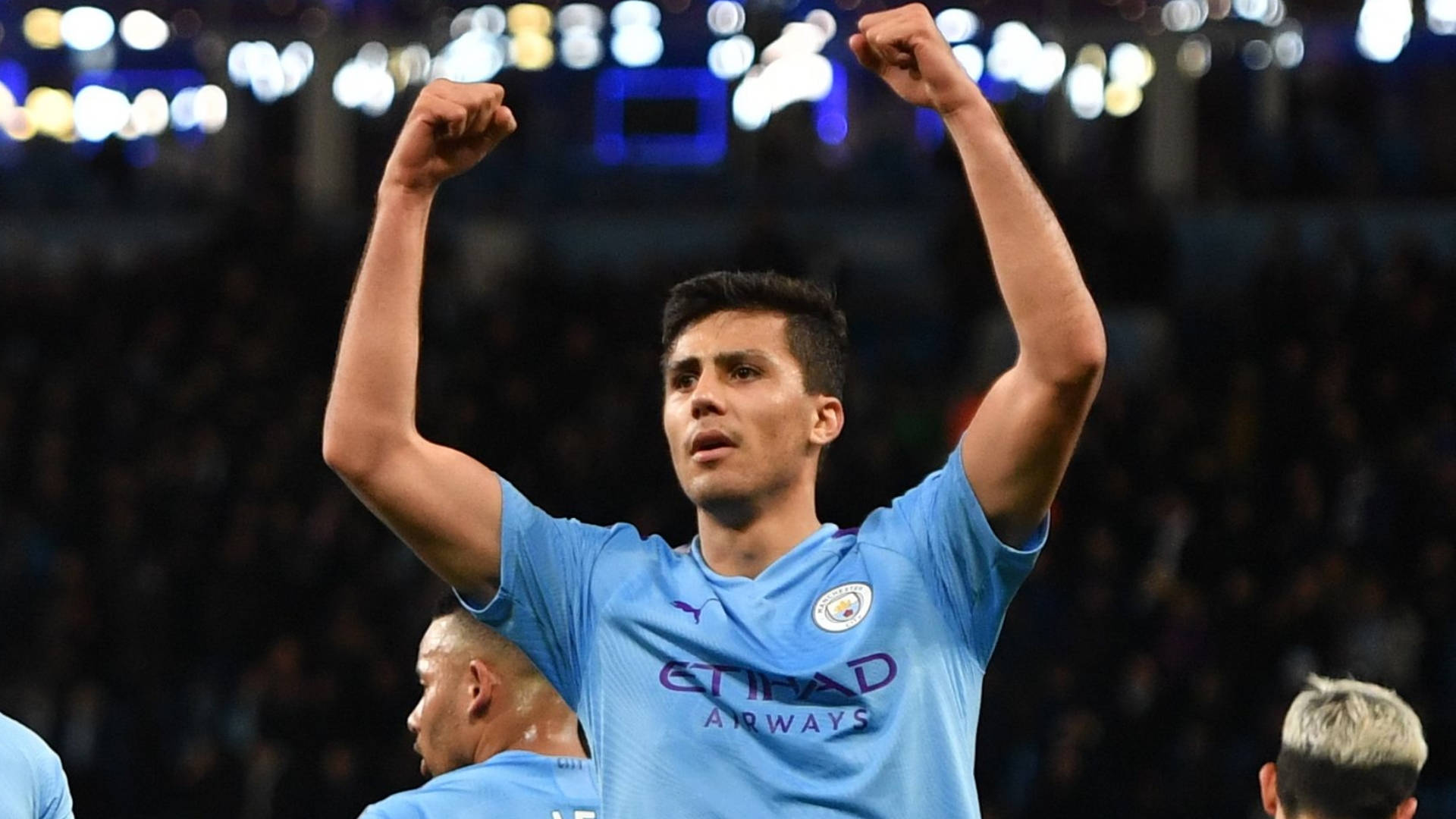 Rodri, light blue jersey, stadium lights, Full HD Desktop Wallpaper