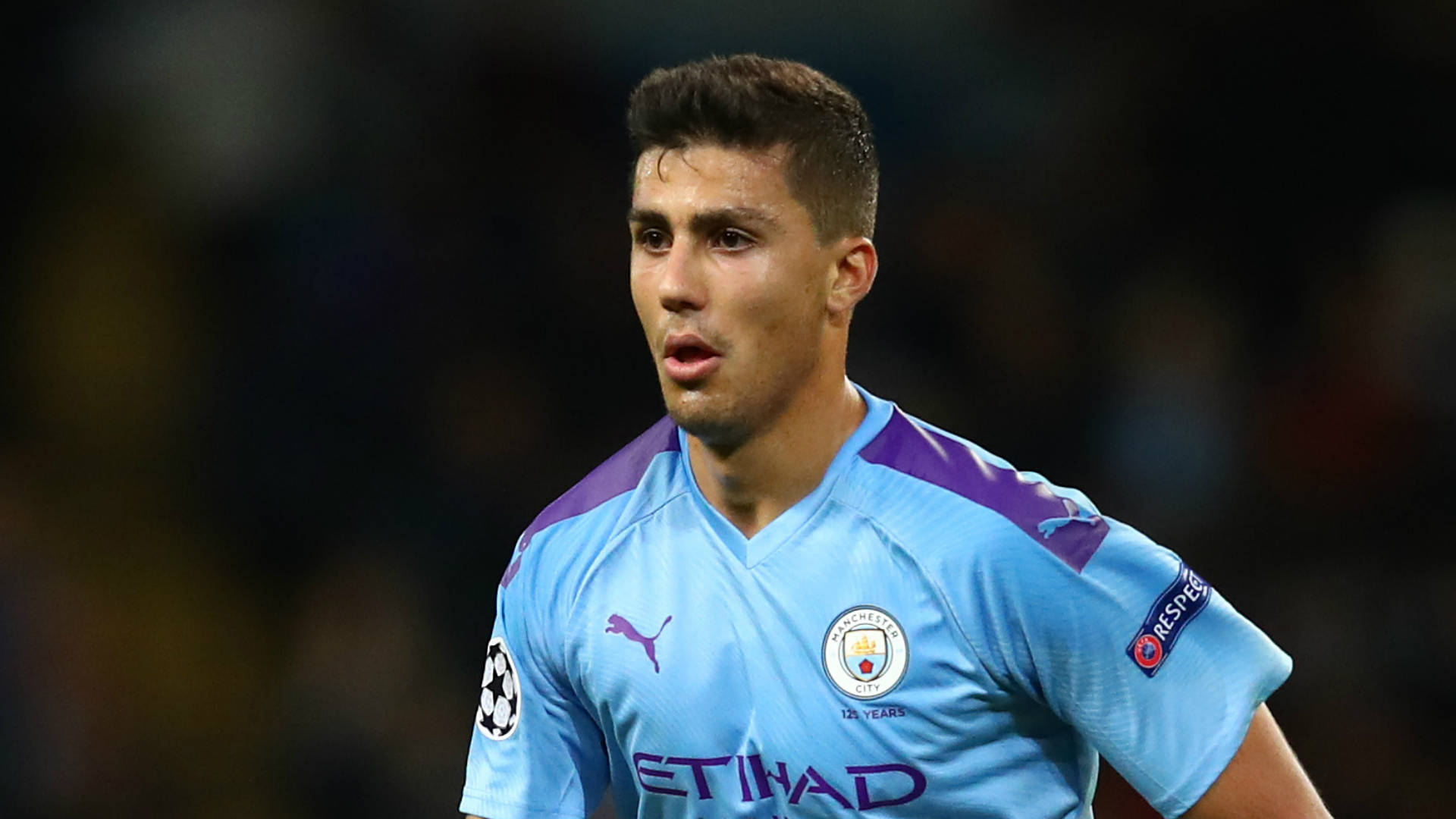 Rodri, light blue Manchester City jersey, stadium field, Full HD Desktop Wallpaper