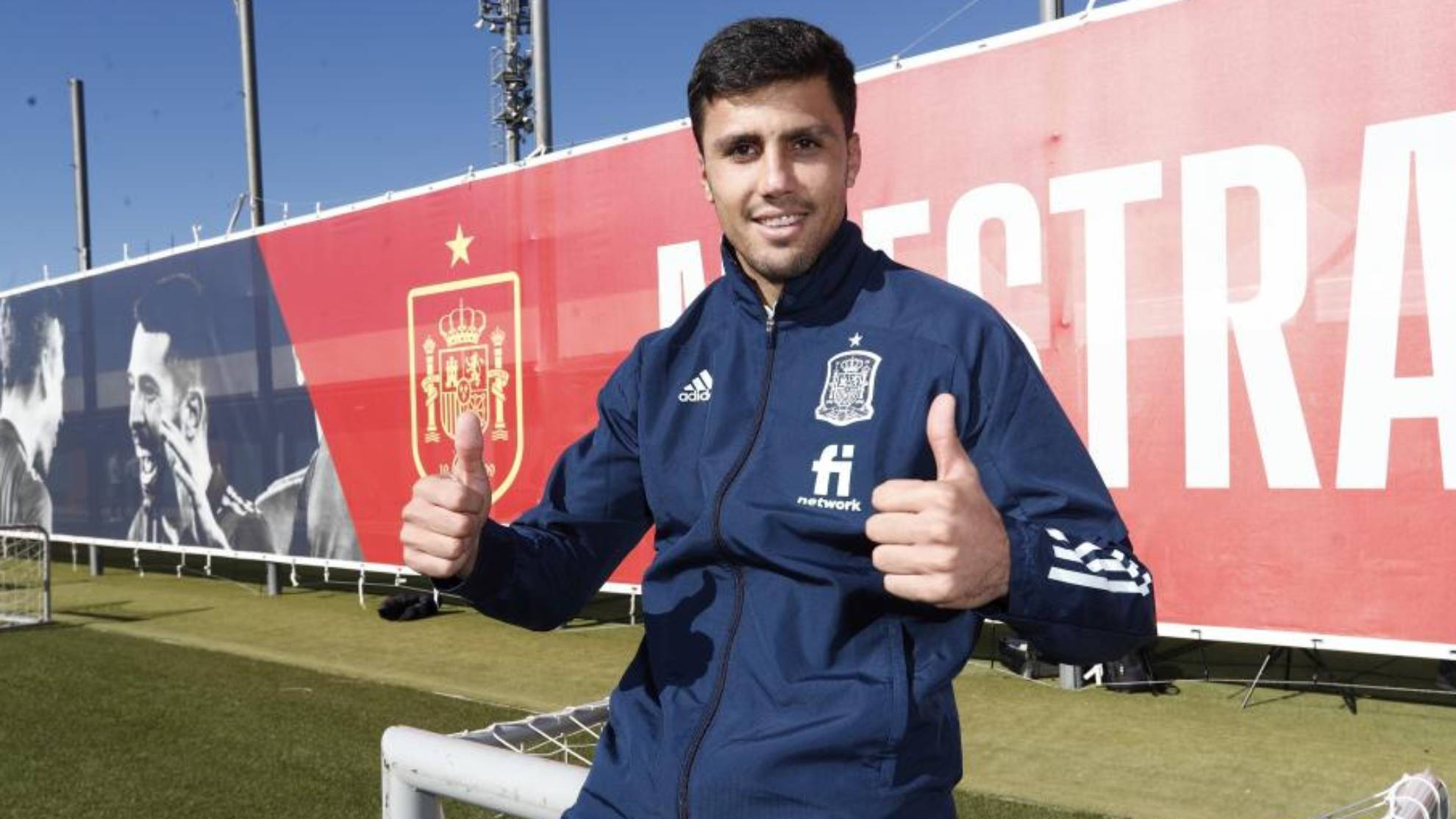Rodrigo Hernández Cascante, blue Spain training jacket, sunny soccer field, Full HD Desktop Wallpaper