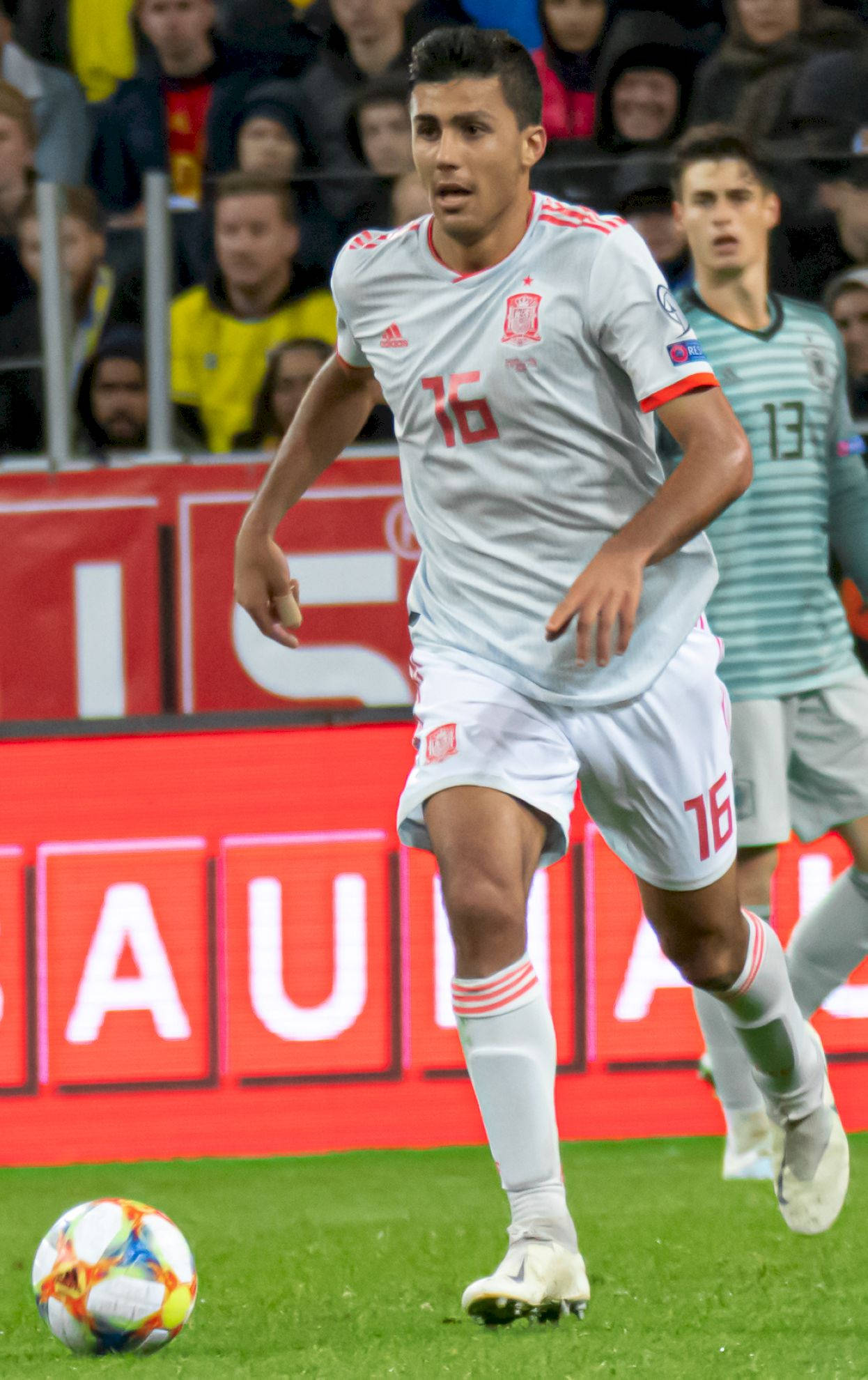 Rodrigo Hernández Cascante, white jersey number 16, colorful ball, Full HD Phone Wallpaper