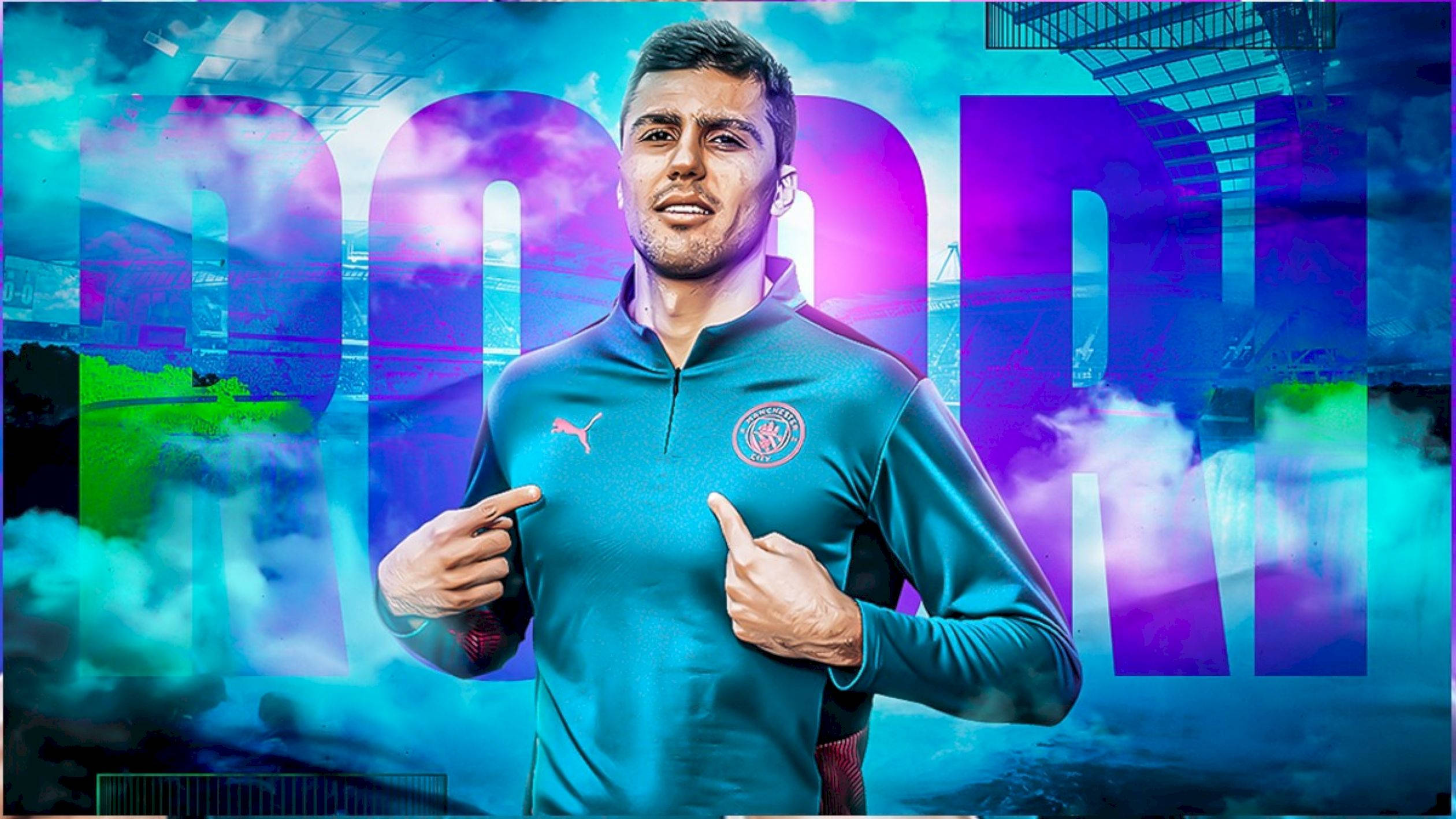 Rodrigo Hernández Cascante, teal training top, vibrant purple and blue stadium backdrop, Full HD Desktop Wallpaper