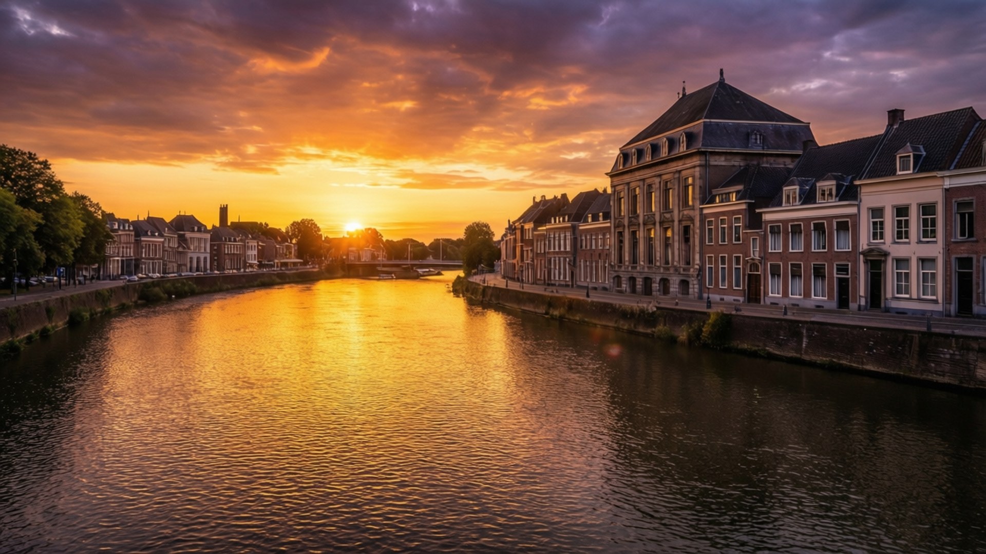Roermond, sunset, canal, Full HD Desktop Wallpaper