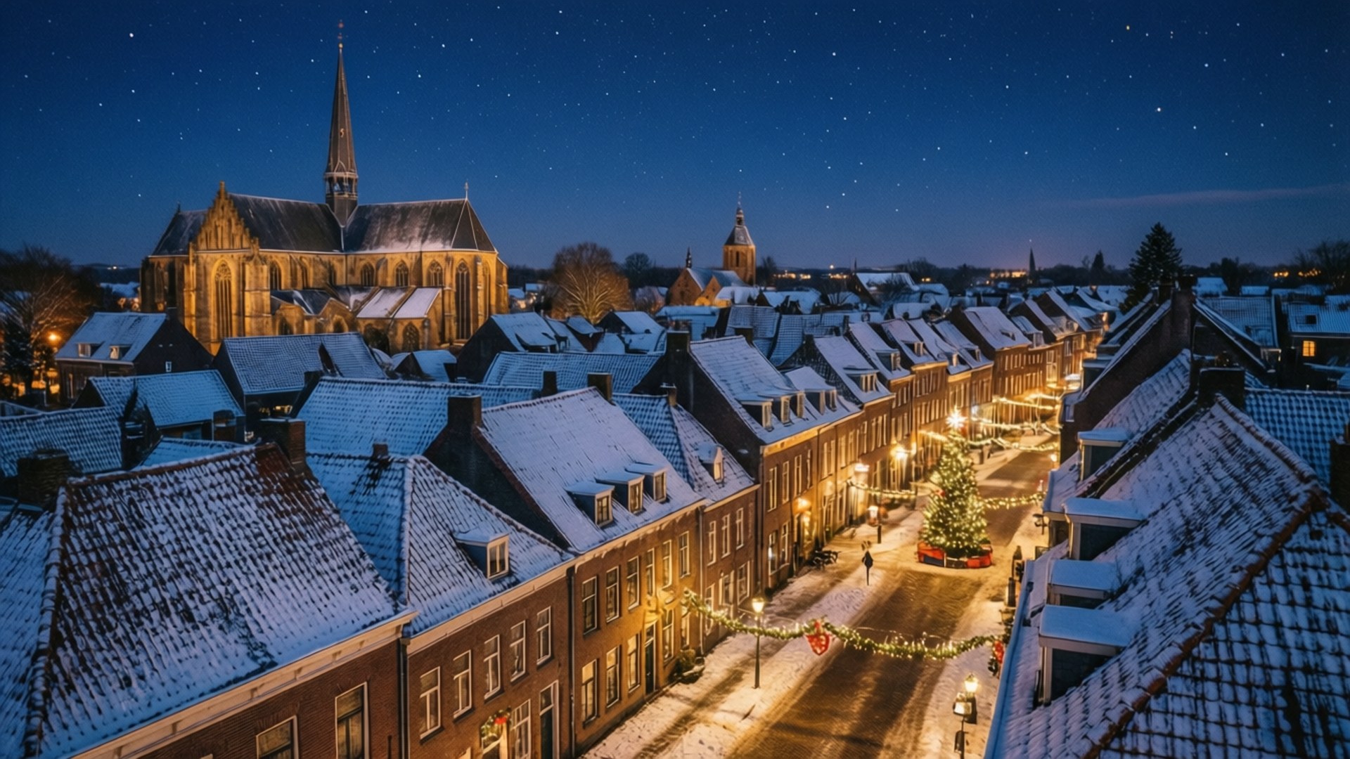 Roermond, snow, Christmas lights, Full HD Desktop Wallpaper