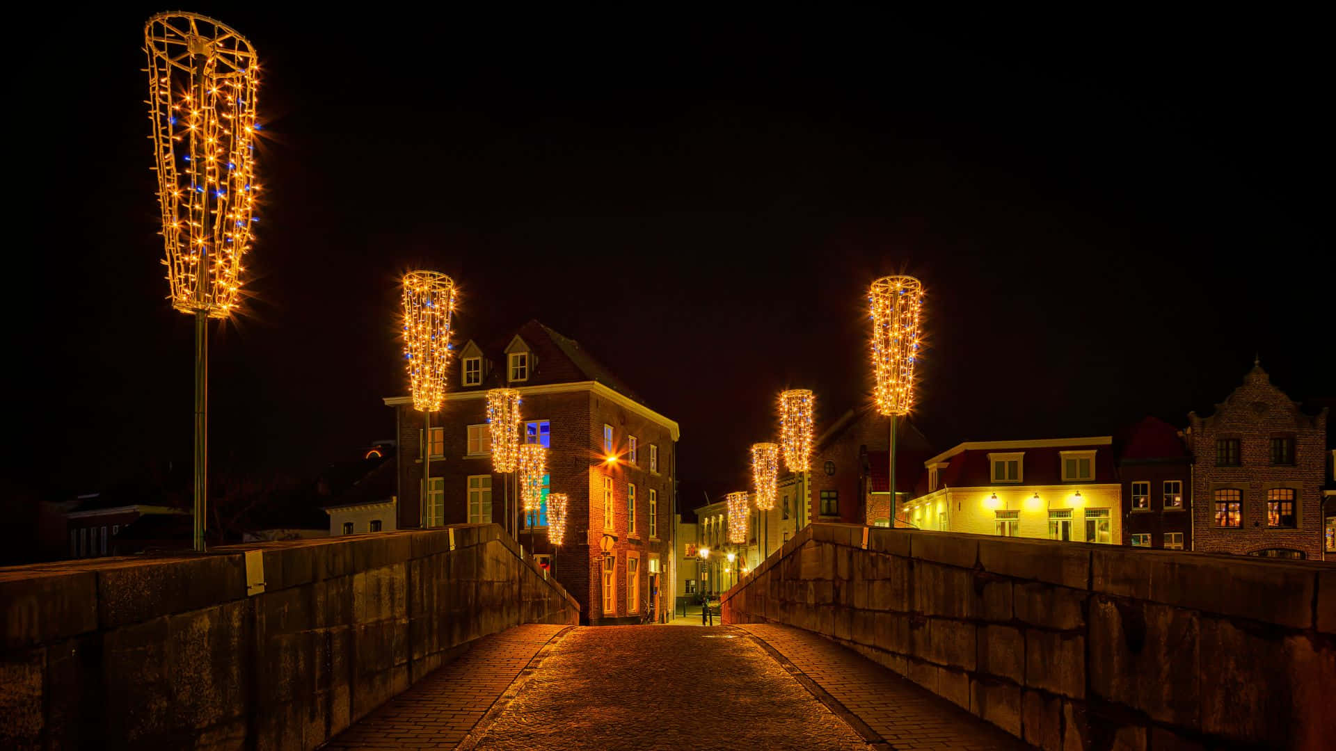Roermond, nighttime lights bridge, cobblestone bridge, Full HD Desktop Wallpaper