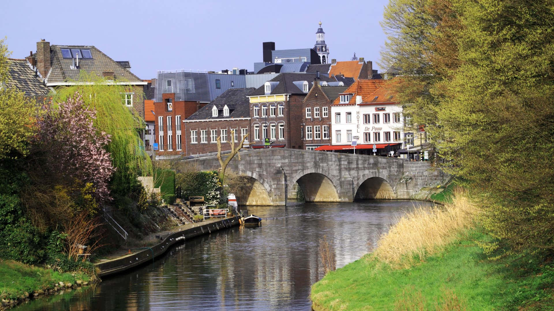 Roermond, stone bridge, calm canal, Full HD Desktop Wallpaper