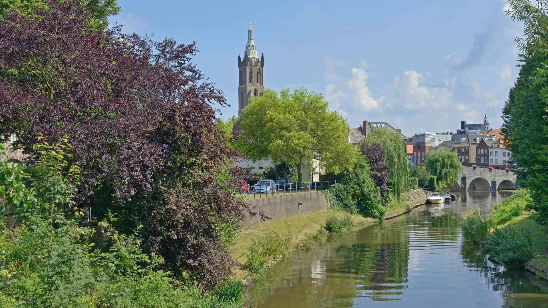 Roermond, river view, church tower, Full HD Desktop Wallpaper