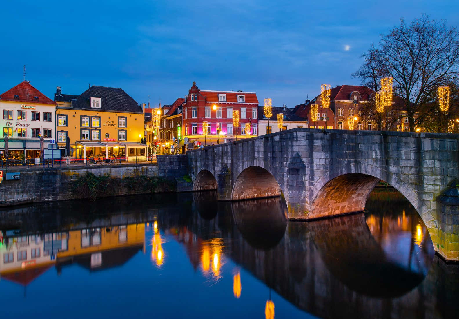 Roermond, river, stone bridge, HD Desktop Wallpaper