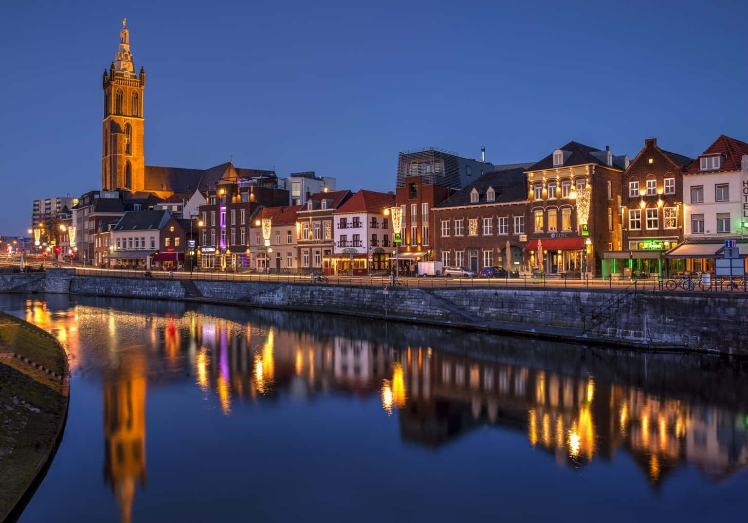 Roermond, riverfront, twilight, HD Desktop Wallpaper