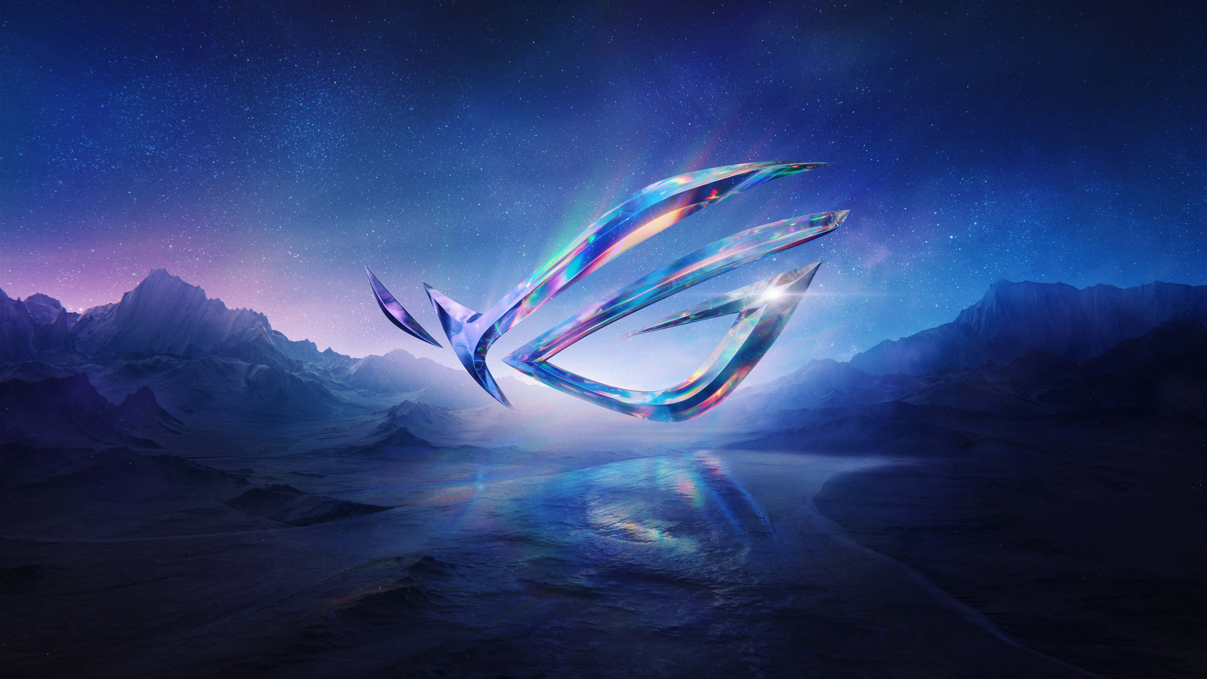 ROG logo, glowing iridescent, starry purple mountain valley, 4K Desktop Wallpaper