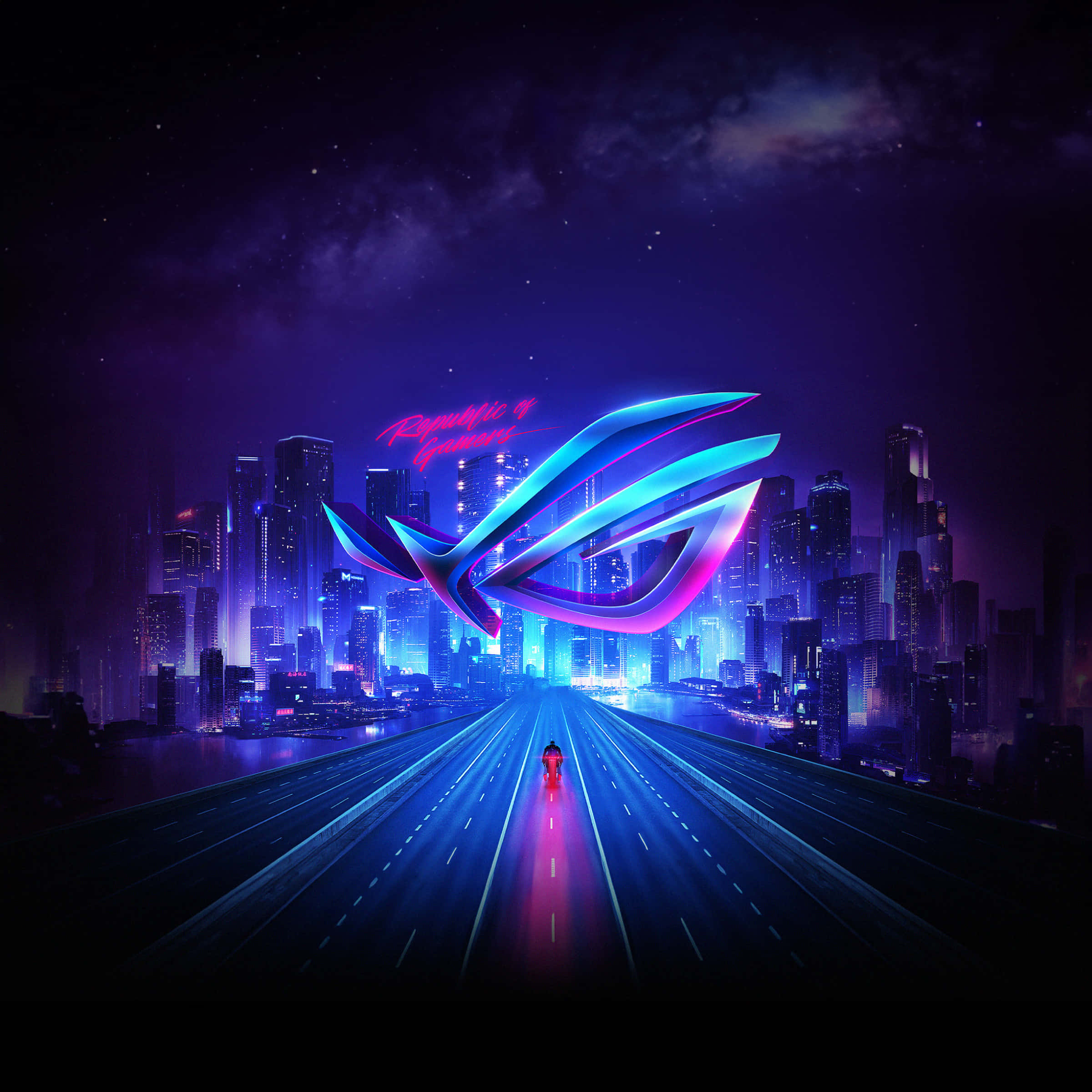 ROG logo, cyberpunk city, glowing highway, Full HD Desktop Wallpaper