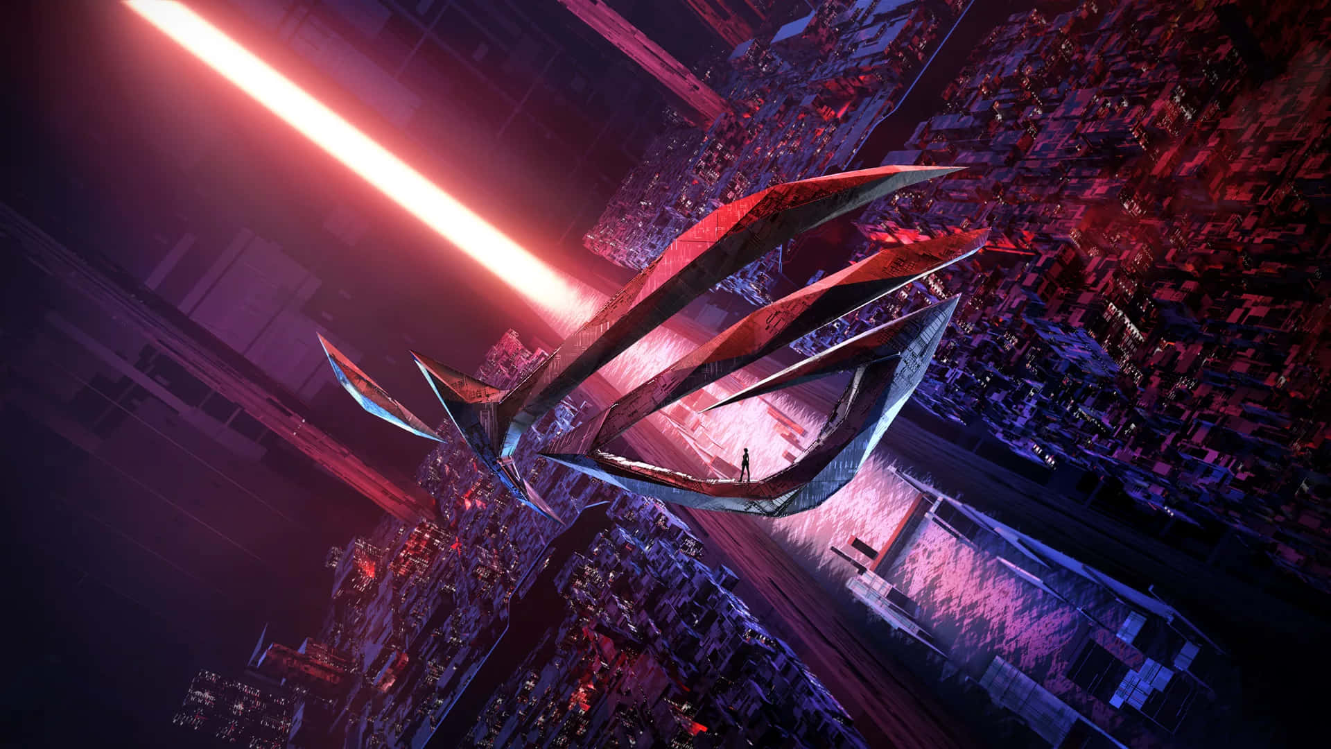 ROG logo, neon-drenched cyberpunk cityscape, streaking red light beam, Full HD Desktop Wallpaper