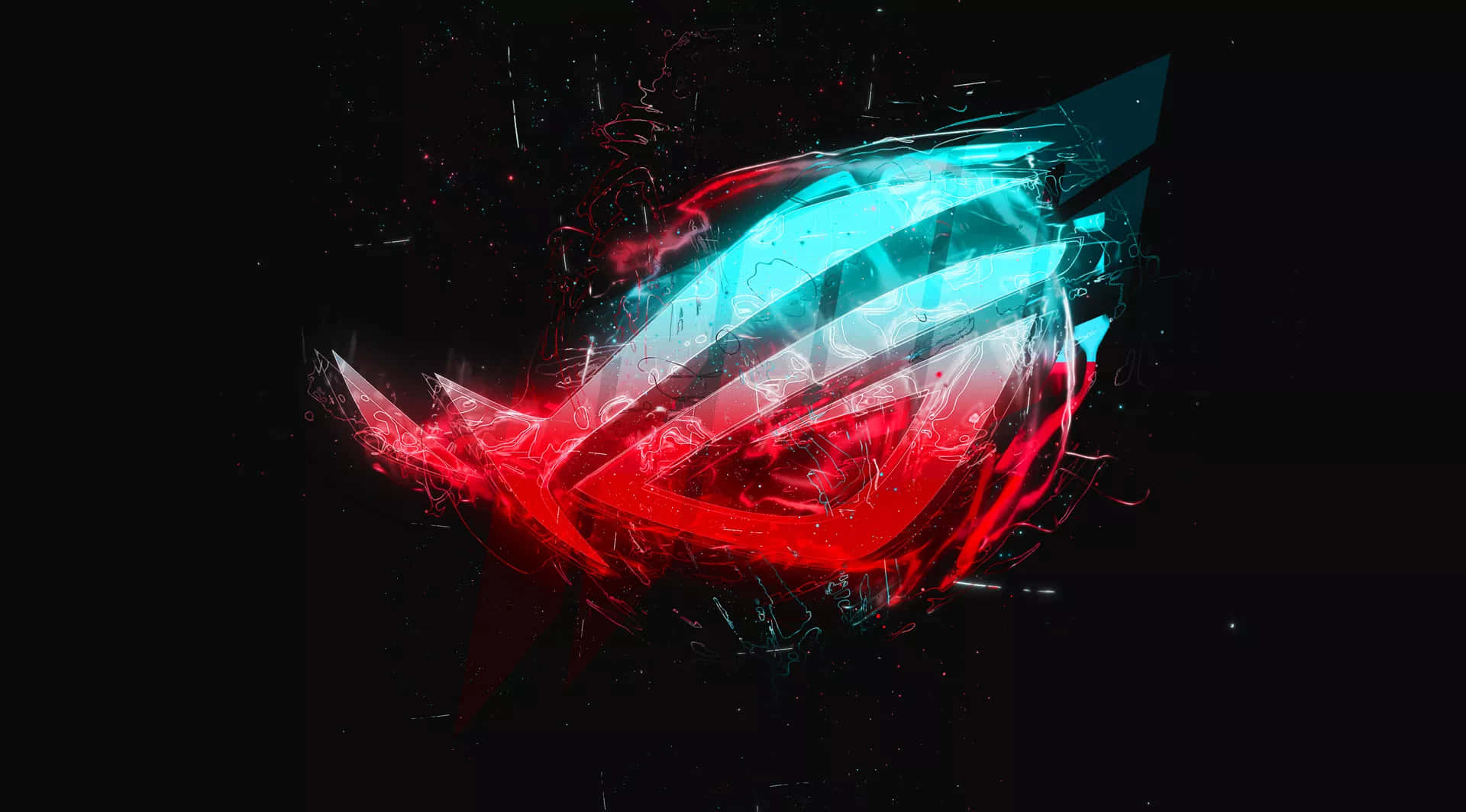 ROG logo, glowing red and cyan, fractures and shatters, Full HD Desktop Wallpaper